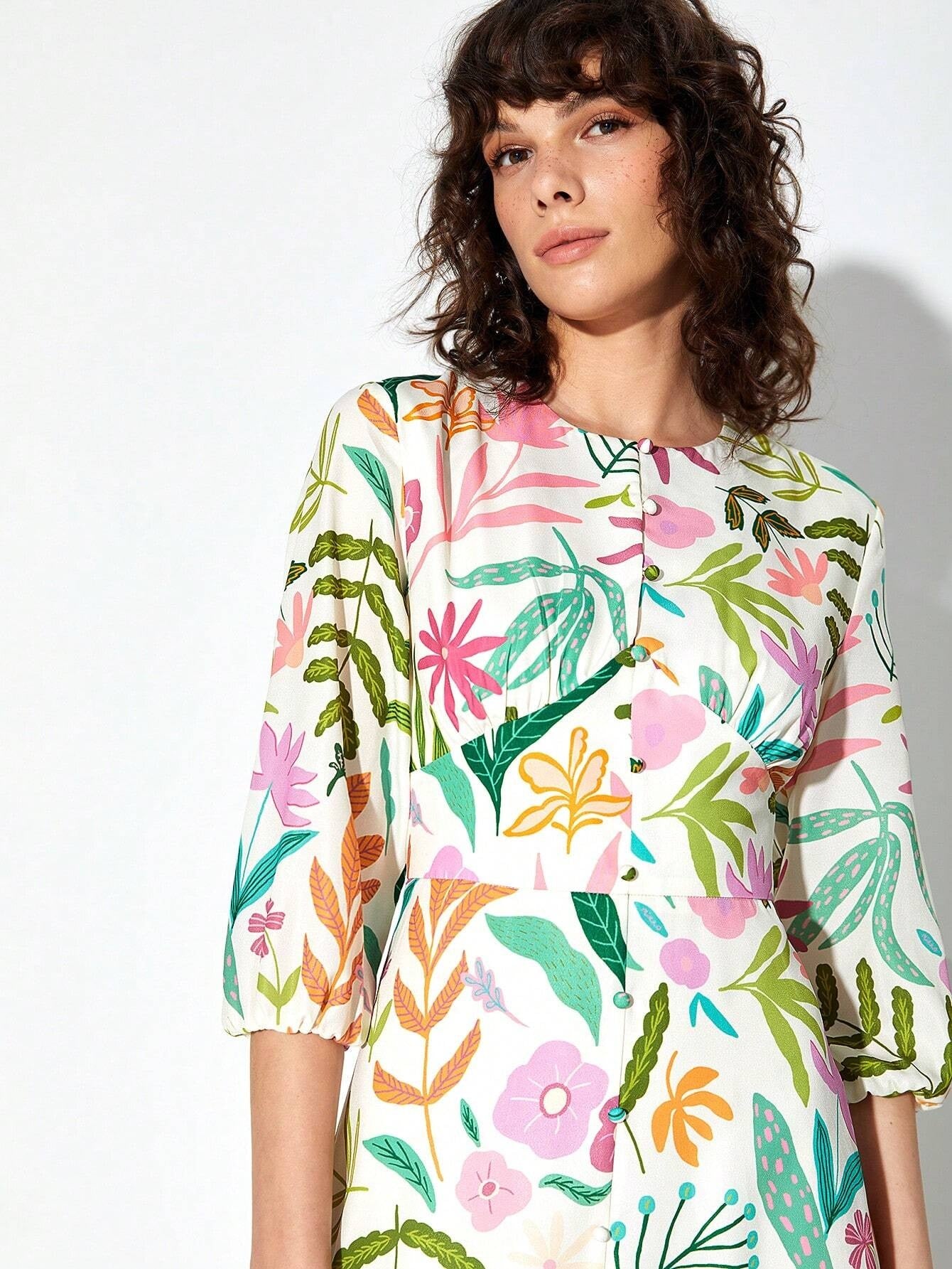 CM-DS117109 Women Trendy Bohemian Style Round Neck Floral Print A-Line Dress