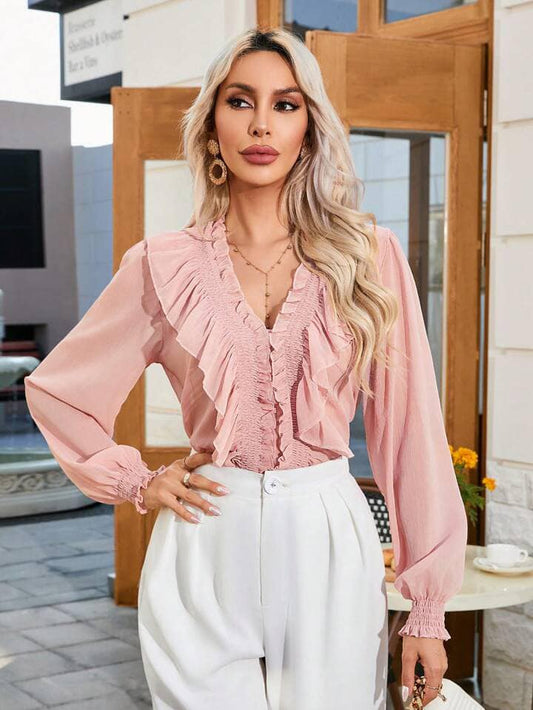 CM-TS380251 Women Elegant Seoul Style V-Neck Long Sleeve Ruffle Hem Shirt - Dusty Pink
