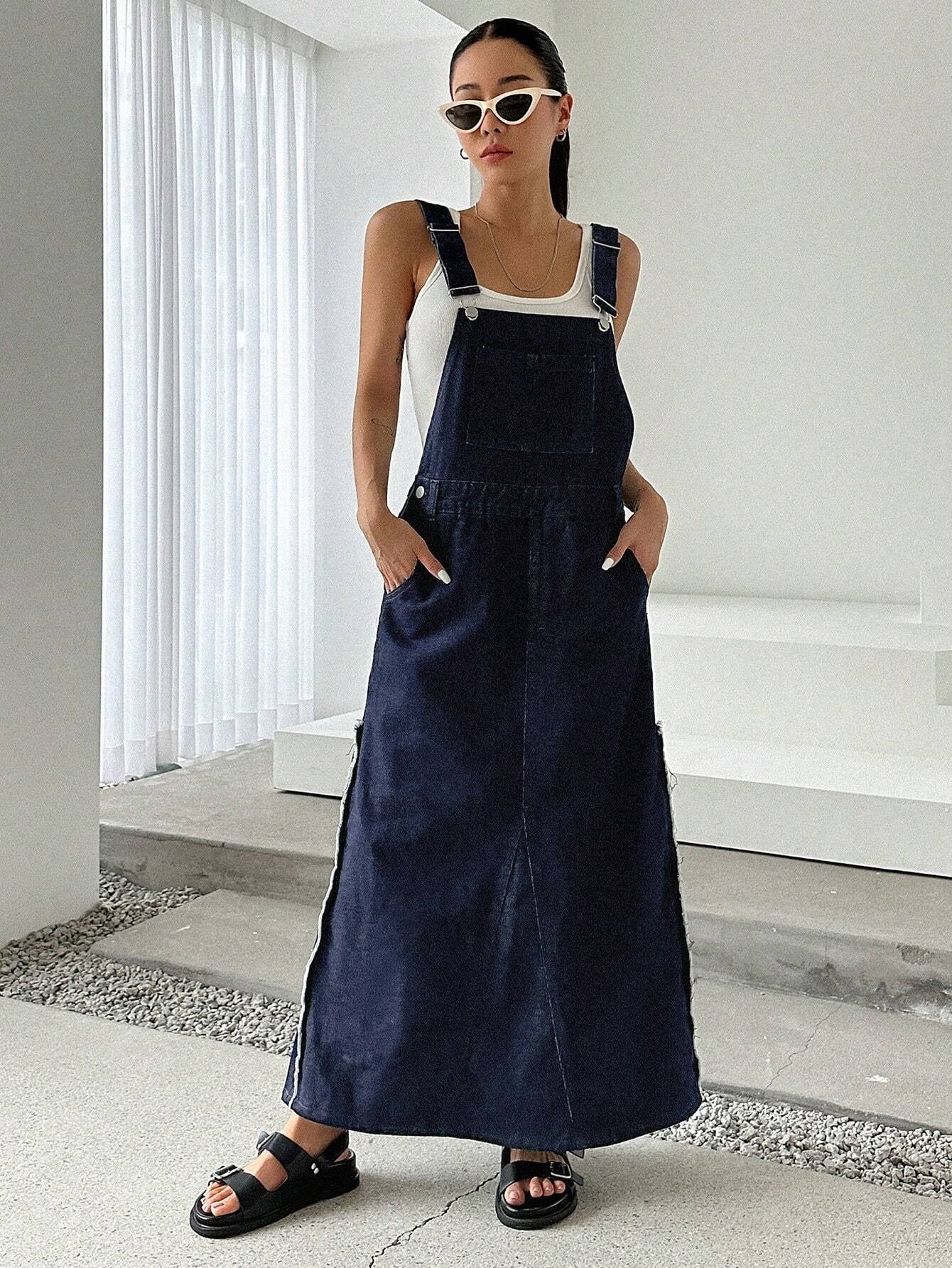 CM-DS985371 Women Preppy Seoul Style Slant Pocket Overall Denim Dress - Blue