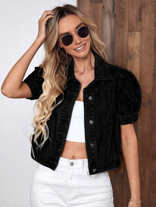 CM-CS351118 Women Casual Seoul Style Puff Sleeve Button Front Denim Jacket - Black