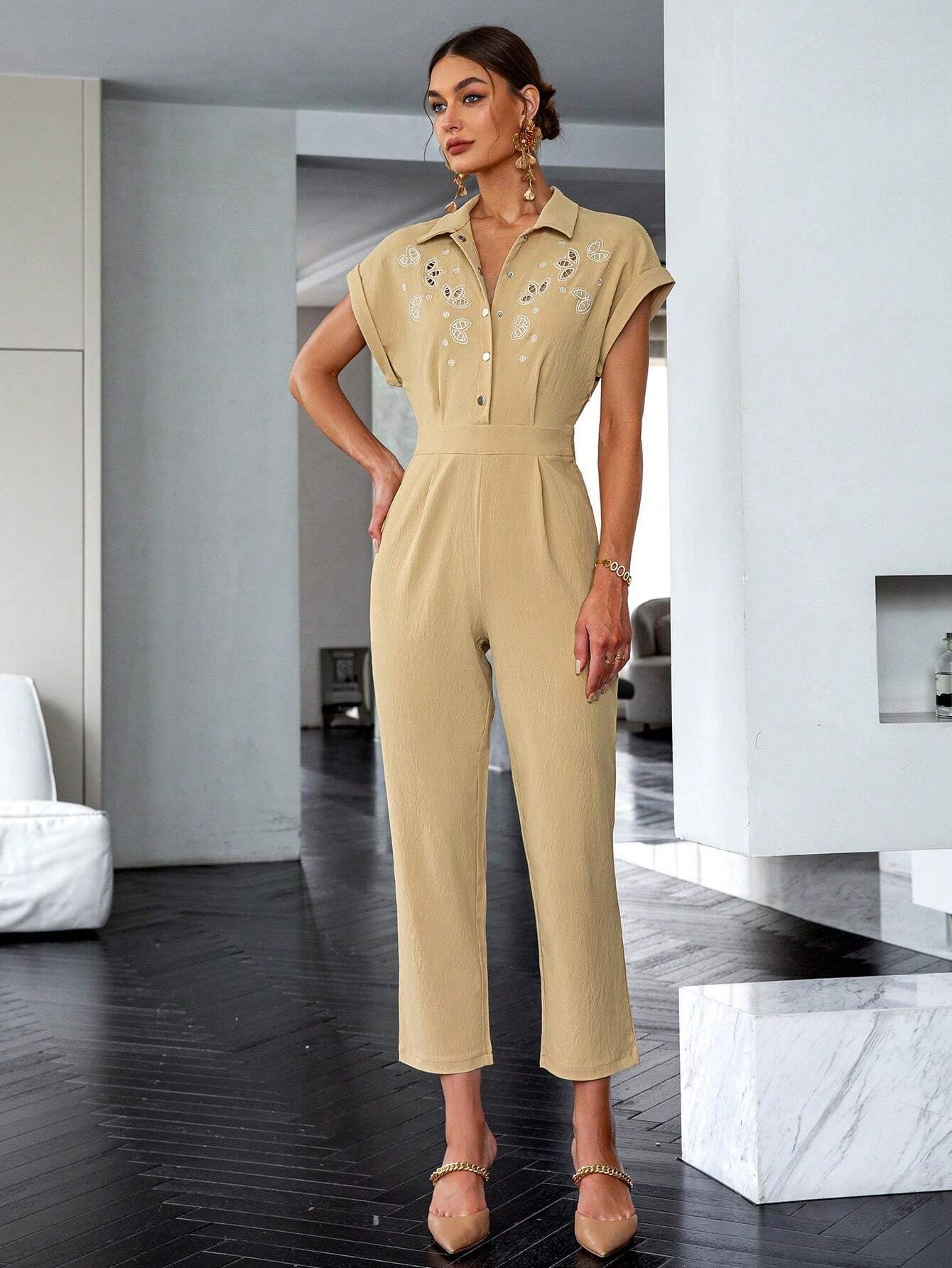 CM-JS811510 Women Elegant Seoul Style Floral Embroidery Batwing Sleeve Fold Pleated Shirt Jumpsuit