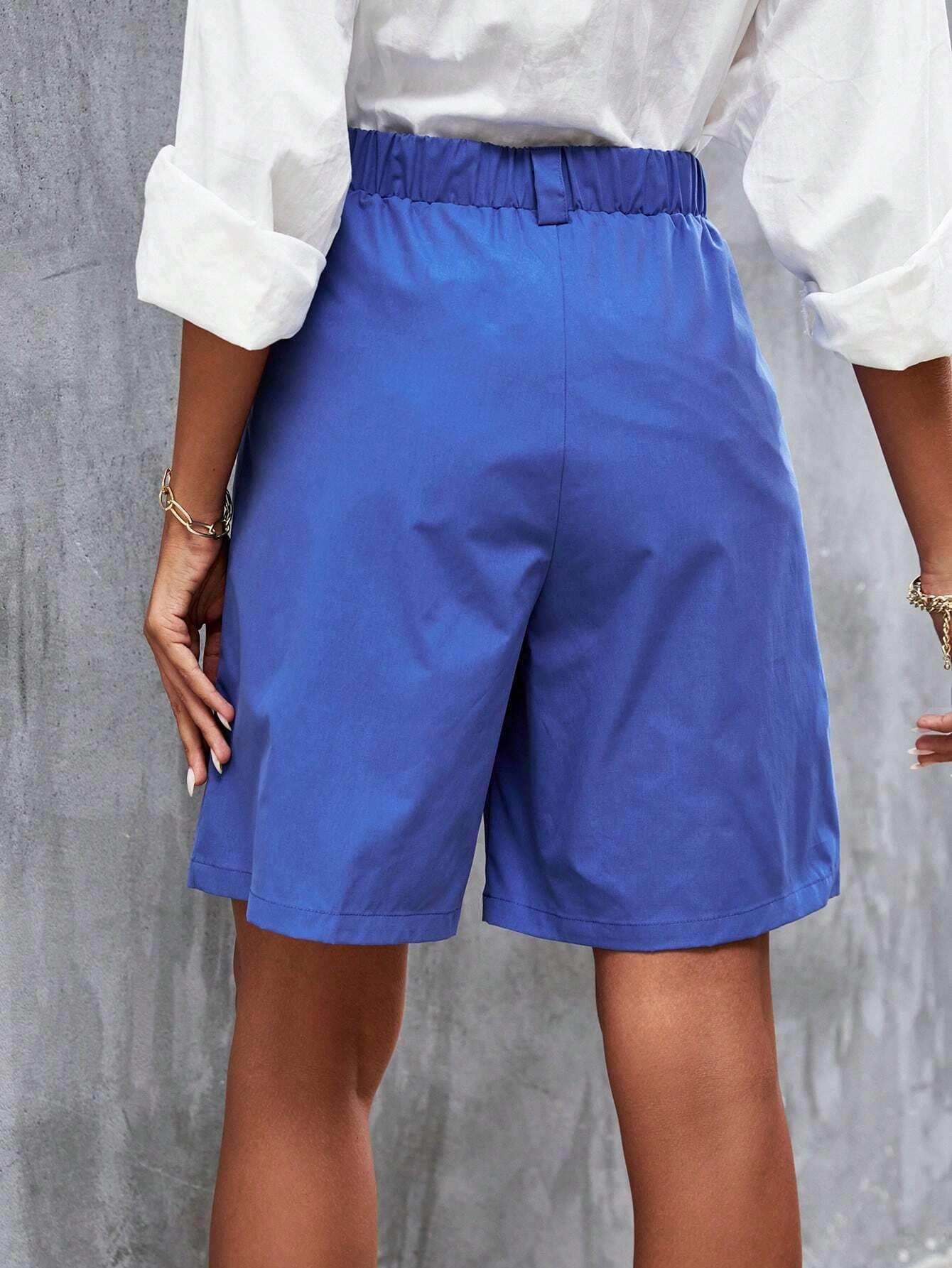 CM-BS962781 Women Casual Seoul Style Fold Pleated Slant Pocket Bermuda Shorts - Blue