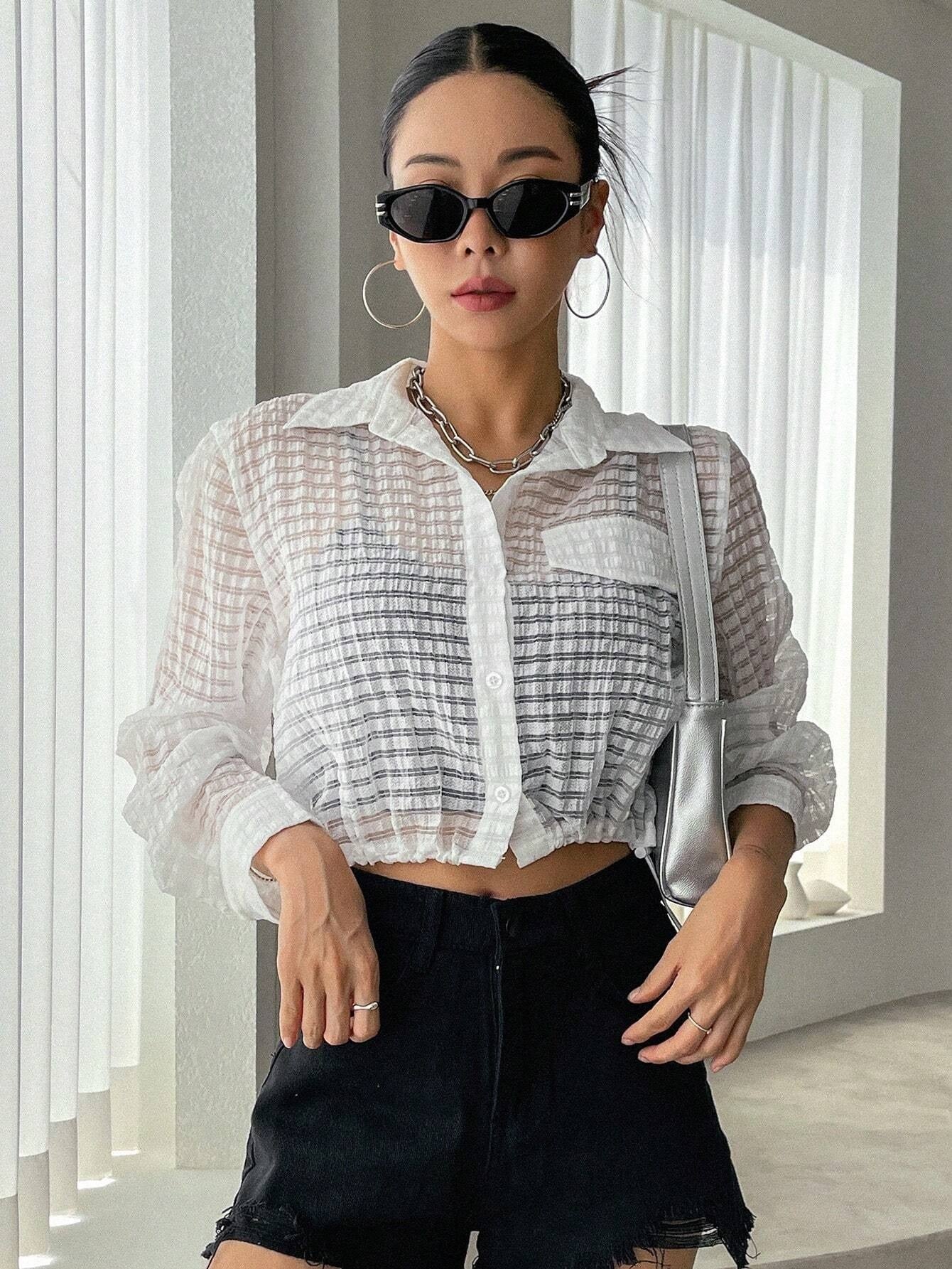 CM-TS107961 Women Casual Seoul Style Solid Button Front Crop Shirt - White