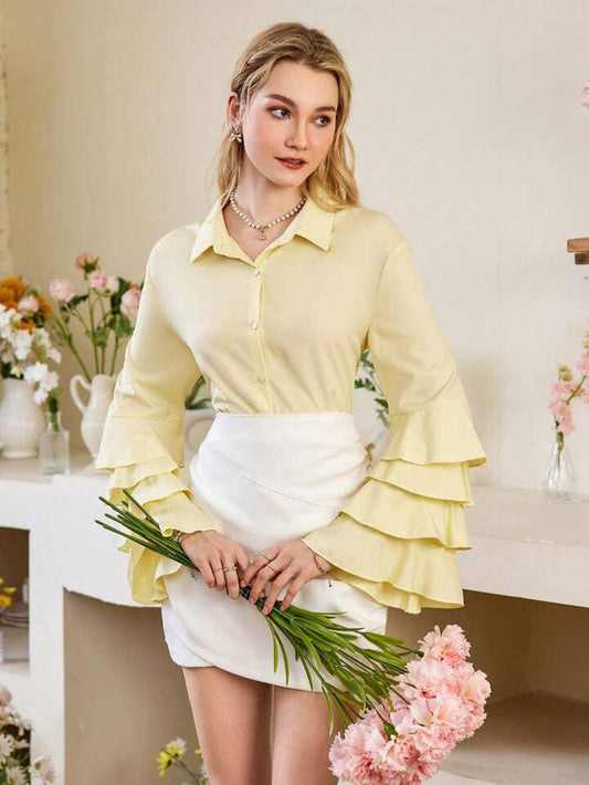 CM-TS177135 Women Elegant Seoul Style Off-Shoulder Bell Sleeve Layered Ruffle Hem Shirt - Yellow
