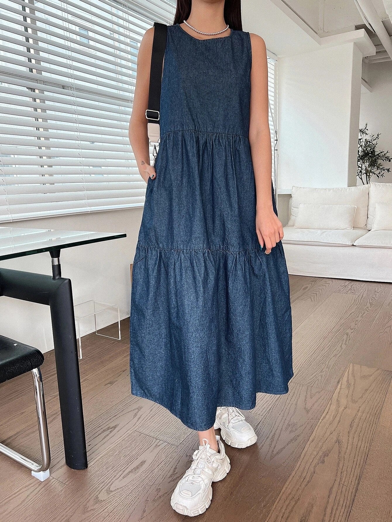 CM-DS222286 Women Casual Seoul Style Dark Wash Ruffle Hem Denim Smock Dress