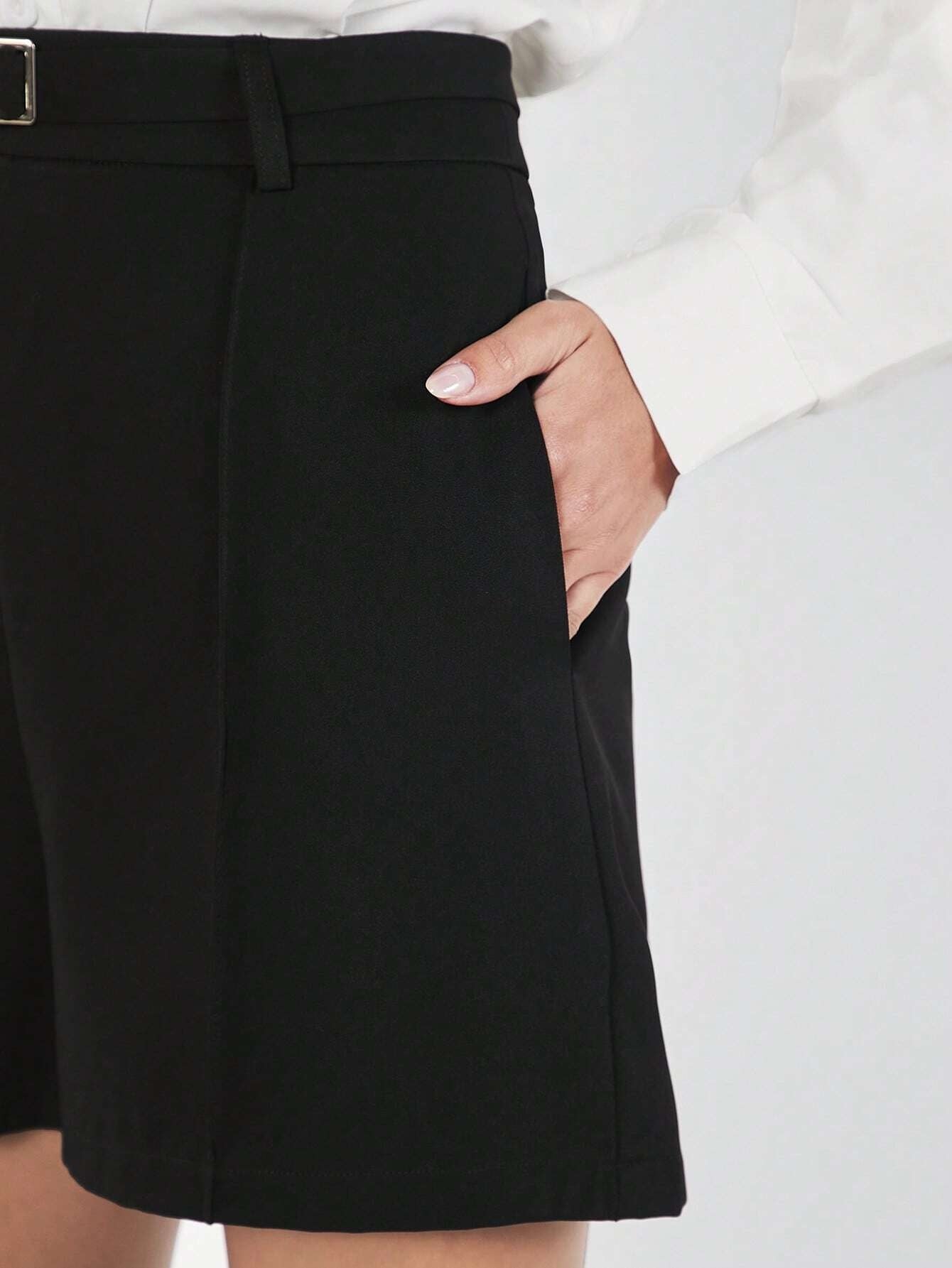 CM-BS601416 Women Casual Seoul Style High Waist Solid Belted Wide Leg Shorts - Black