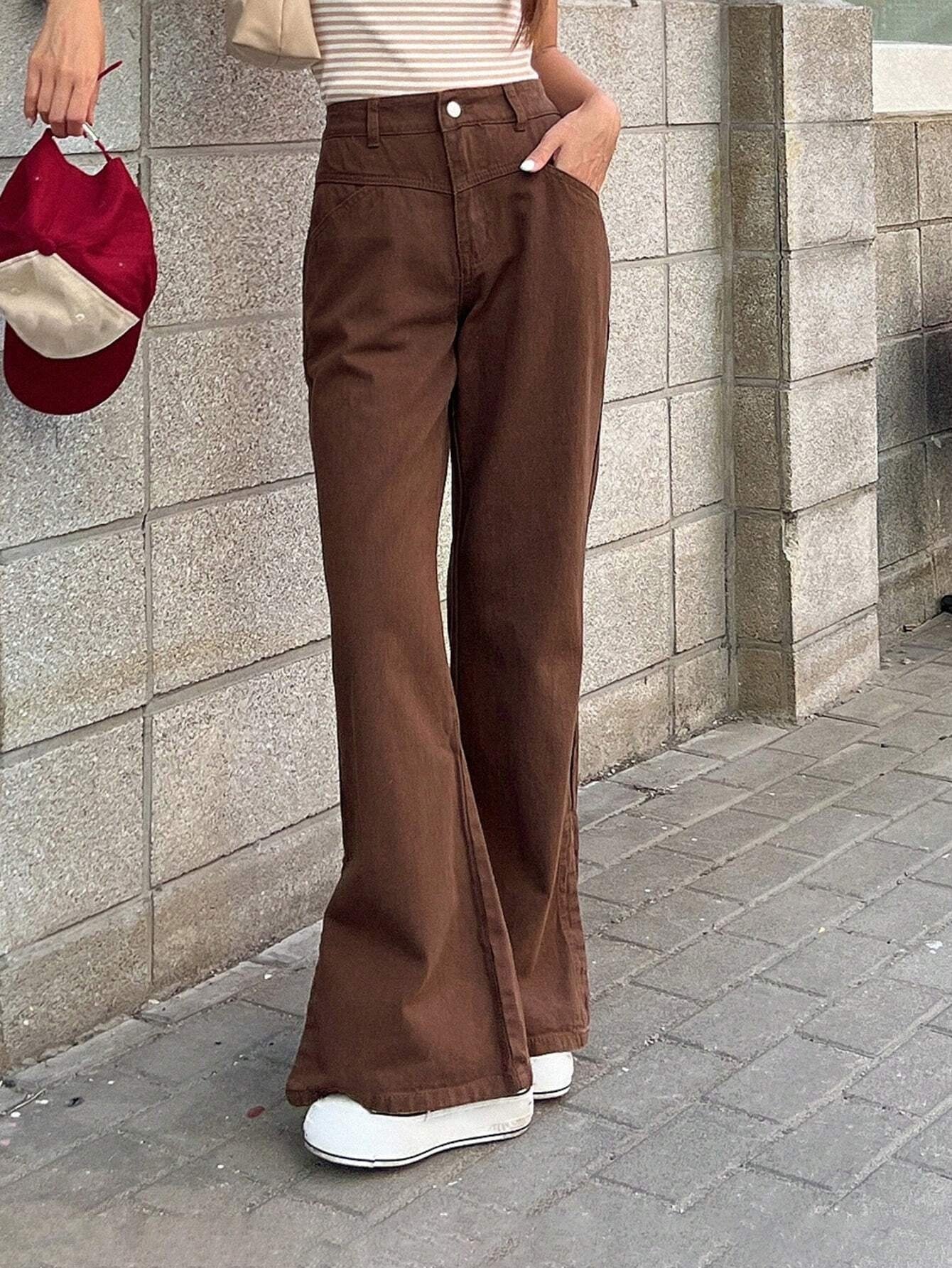 CM-BS292422 Women Casual Seoul Style Drop Waist Solid Flare Leg Jeans - Brown