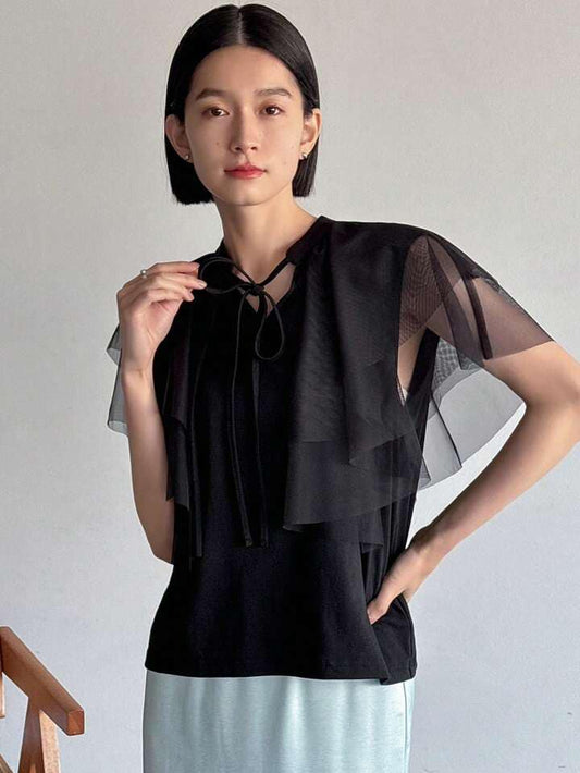 CM-TS736396 Women Casual Seoul Style Tie Neck Mesh Patchwork Short Sleeve Shirt - Black