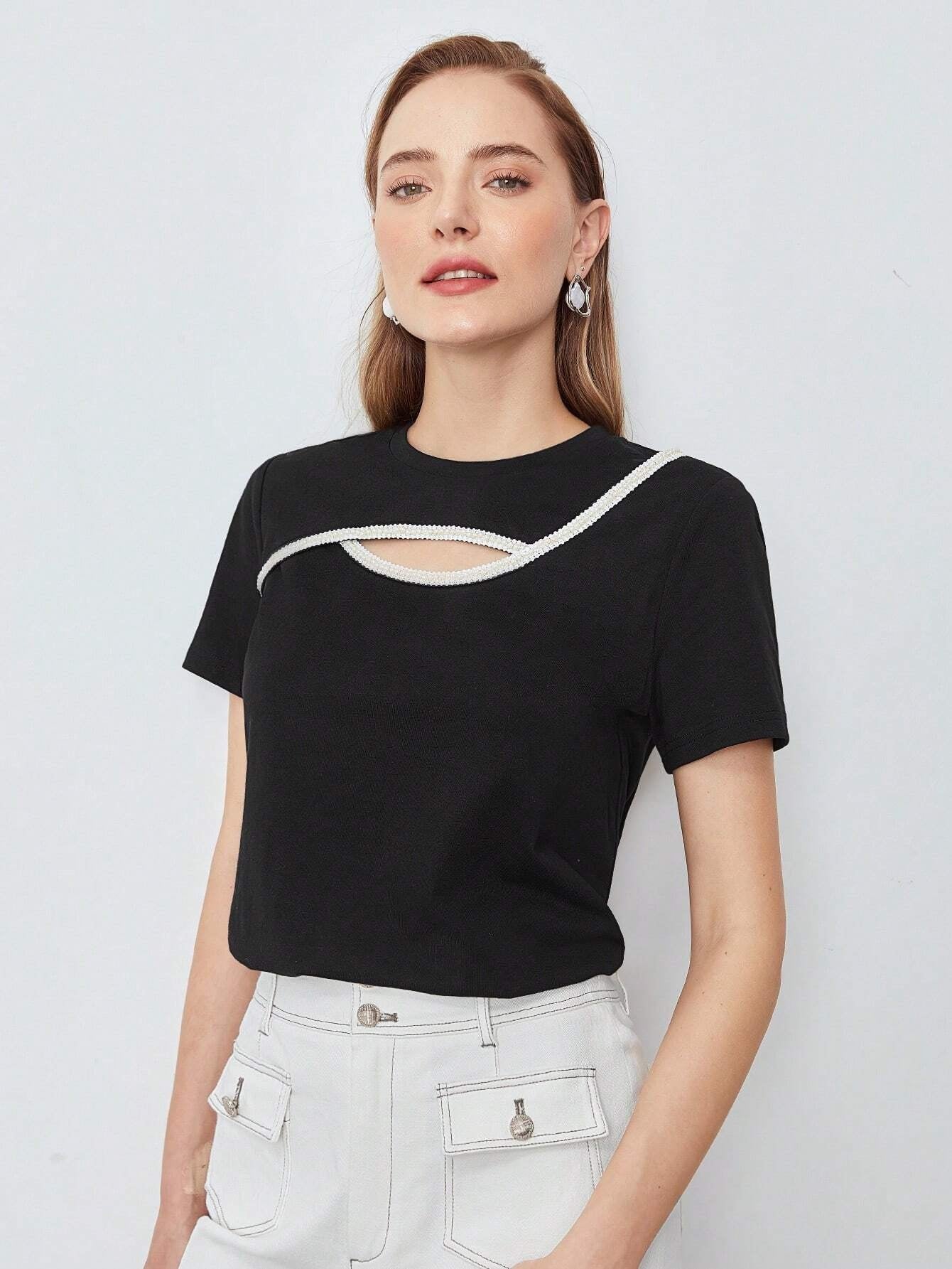 CM-TS118885 Women Casual Seoul Style Round Neck Pearl Cut-Out Top - Black