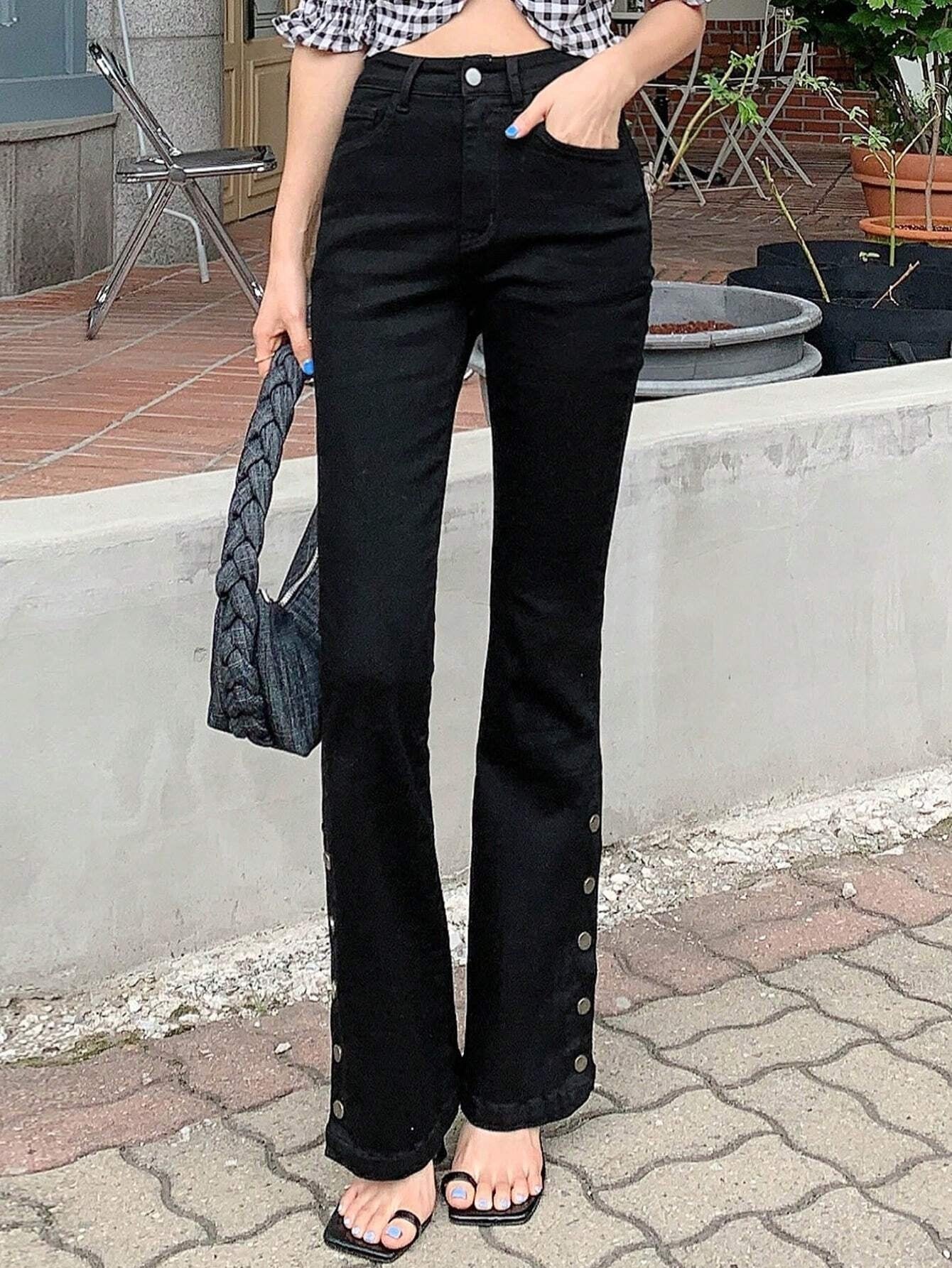 CM-BS904004 Women Casual Seoul Style Solid Button Detail Flare Leg Jeans - Black