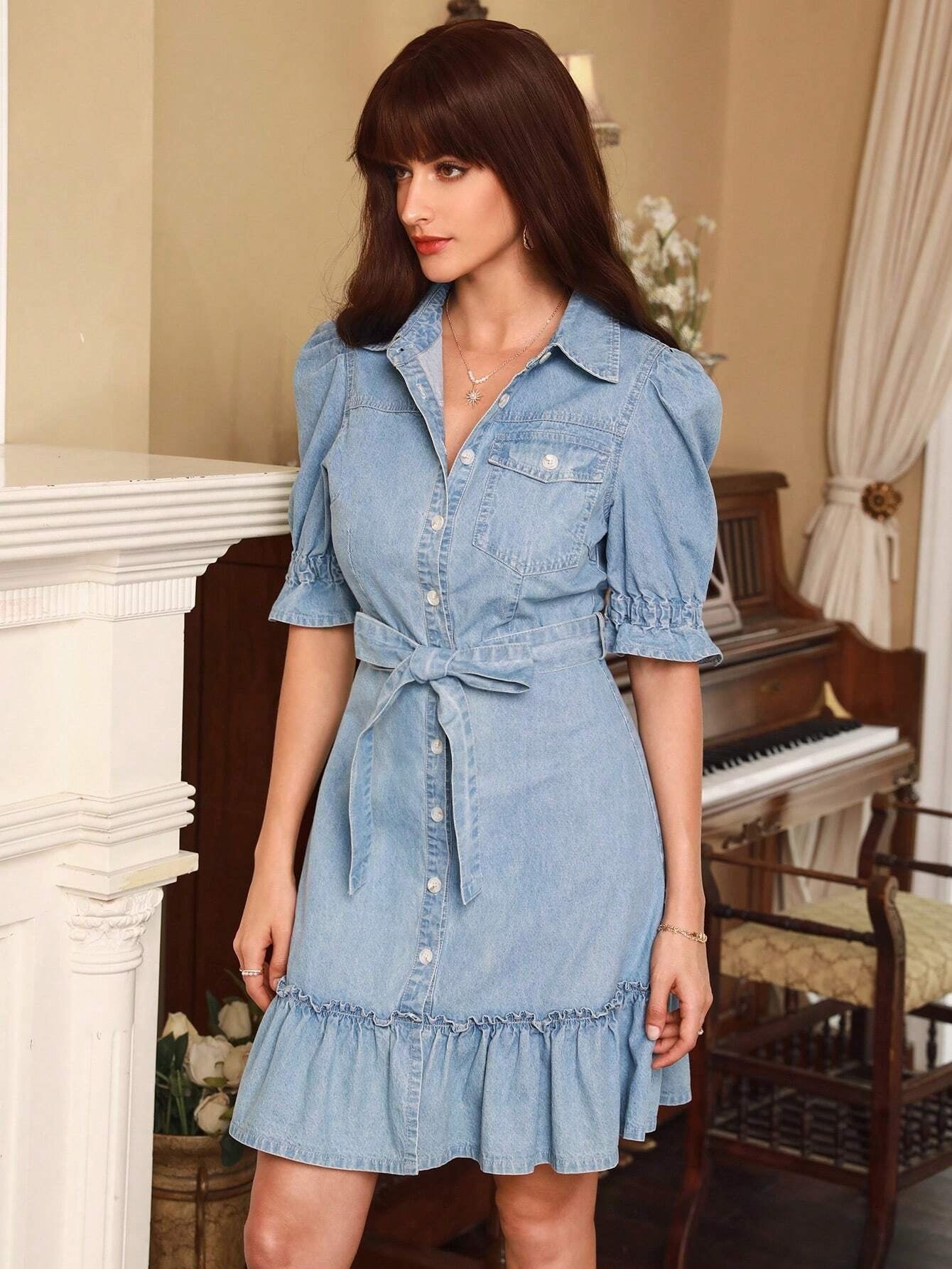 CM-DS711481 Women Casual Seoul Style Puff Sleeve Ruffle Hem Belted Denim Dress
