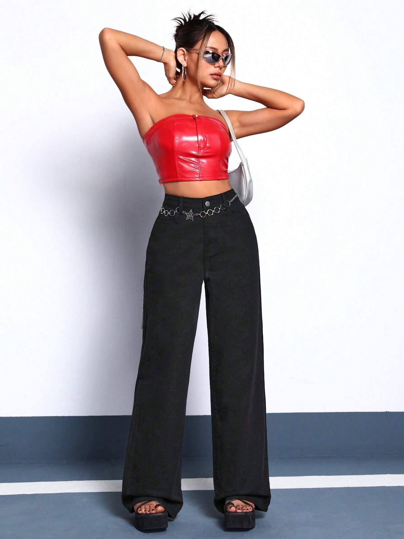 CM-BS066776 Women Casual Seoul Style Solid Wide Leg Jeans - Black