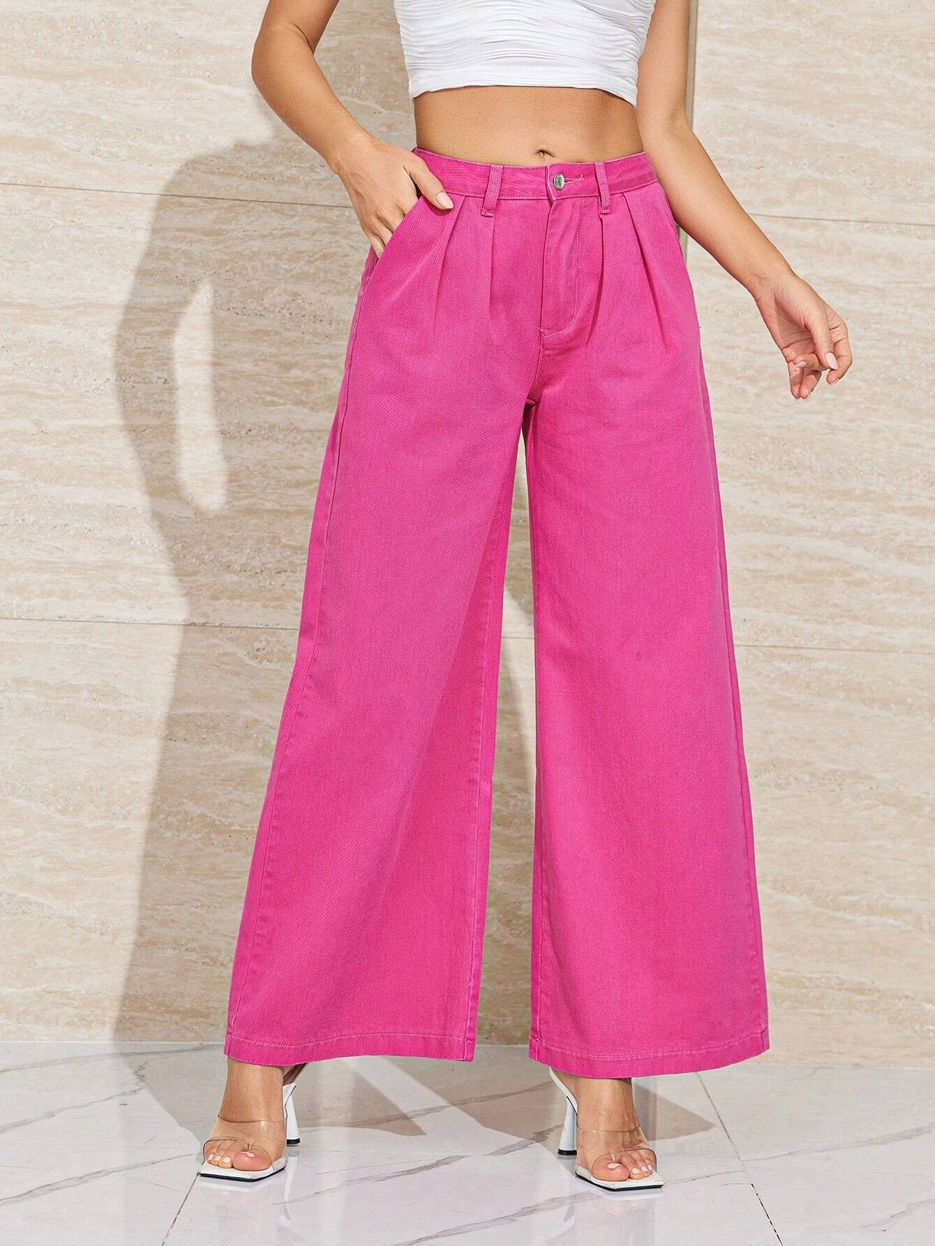 CM-BS640375 Women Casual Seoul Style High Waist Solid Wide Leg Jeans - Pink