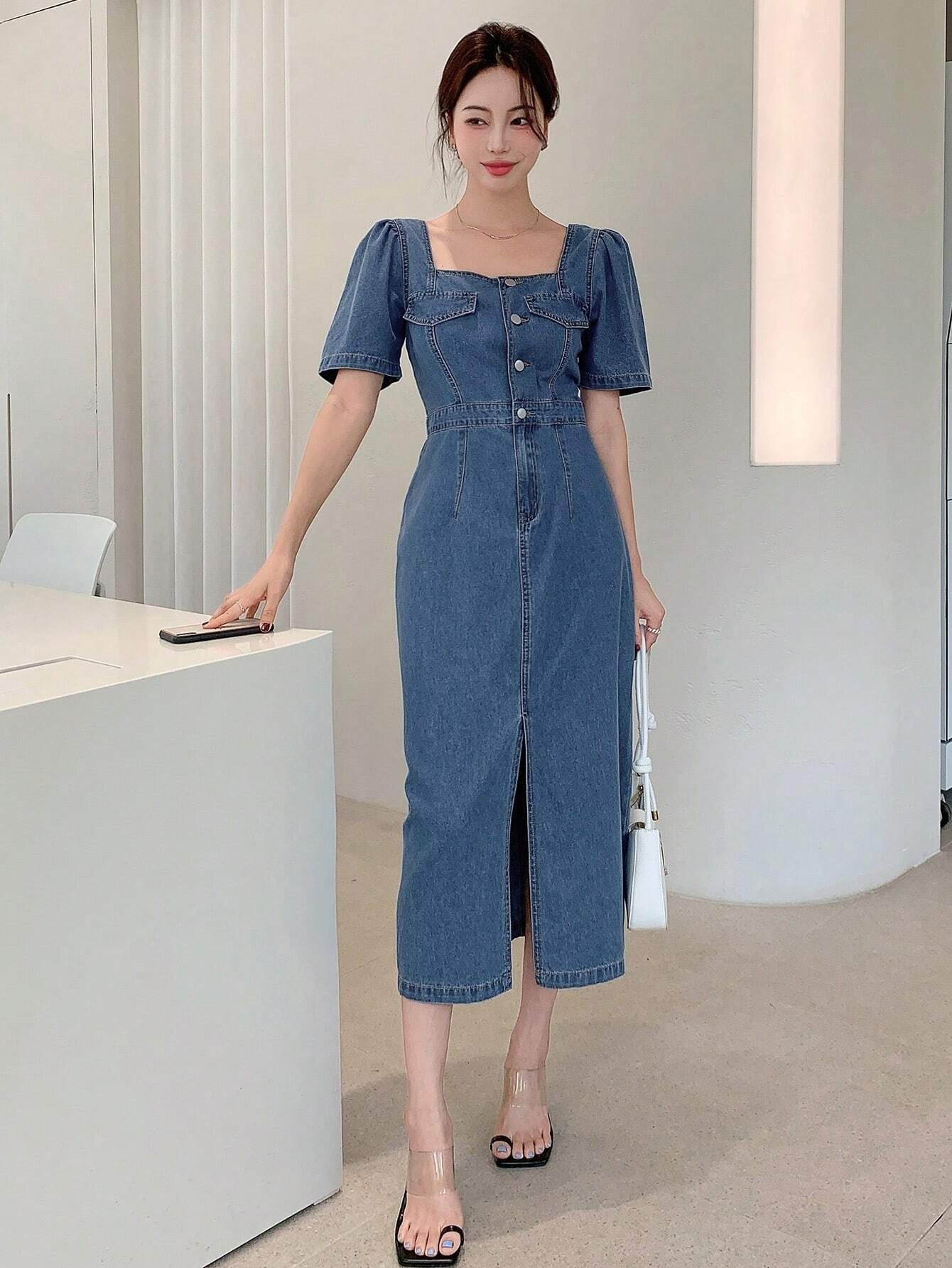 CM-DS907108 Women Casual Seoul Style Square Neck Button Front Split Thigh Denim Dress