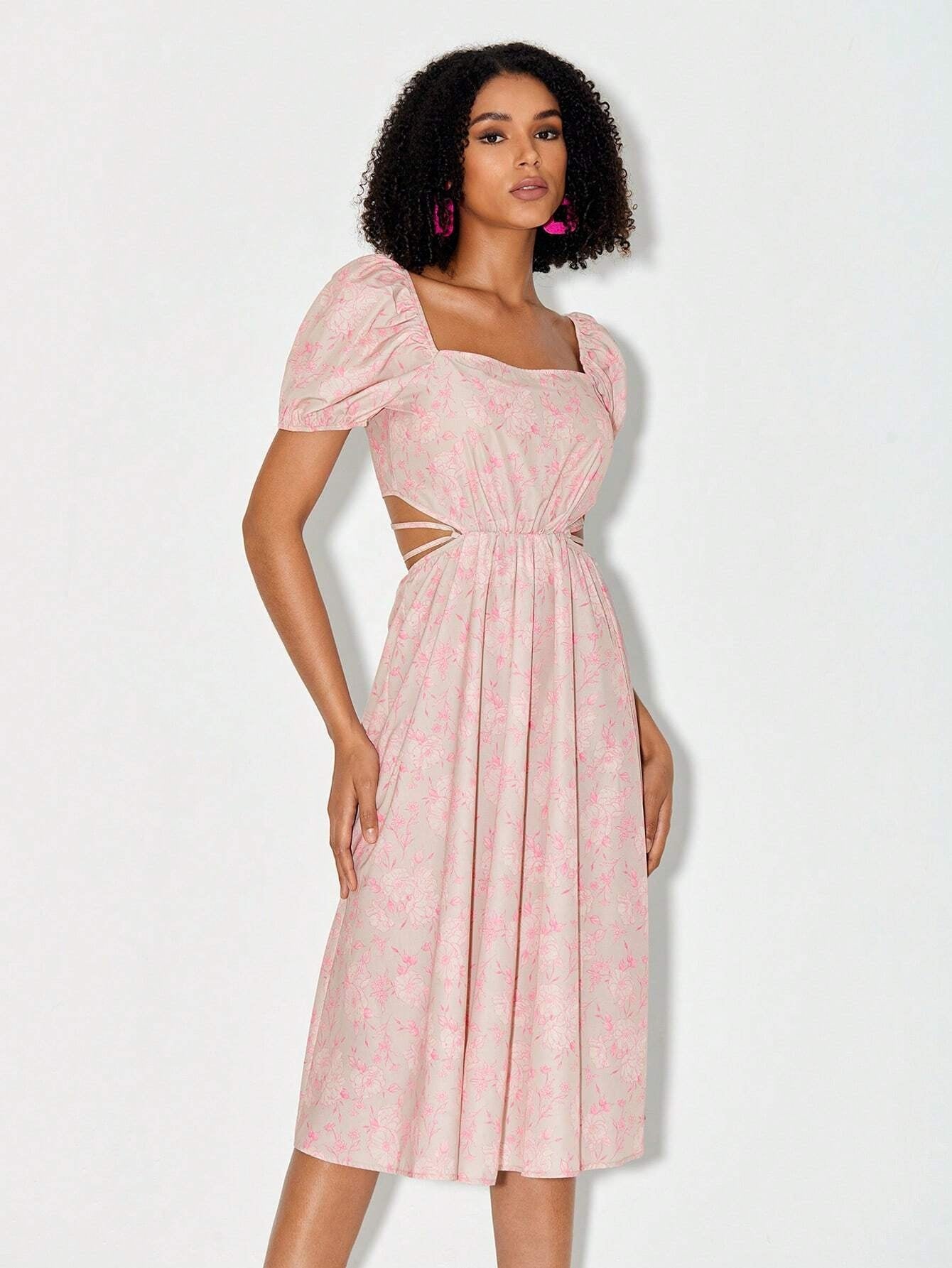 CM-DS217040 Women Casual Seoul Style Floral Print Cut Out Waist Puff Sleeve Tie Backless Dress