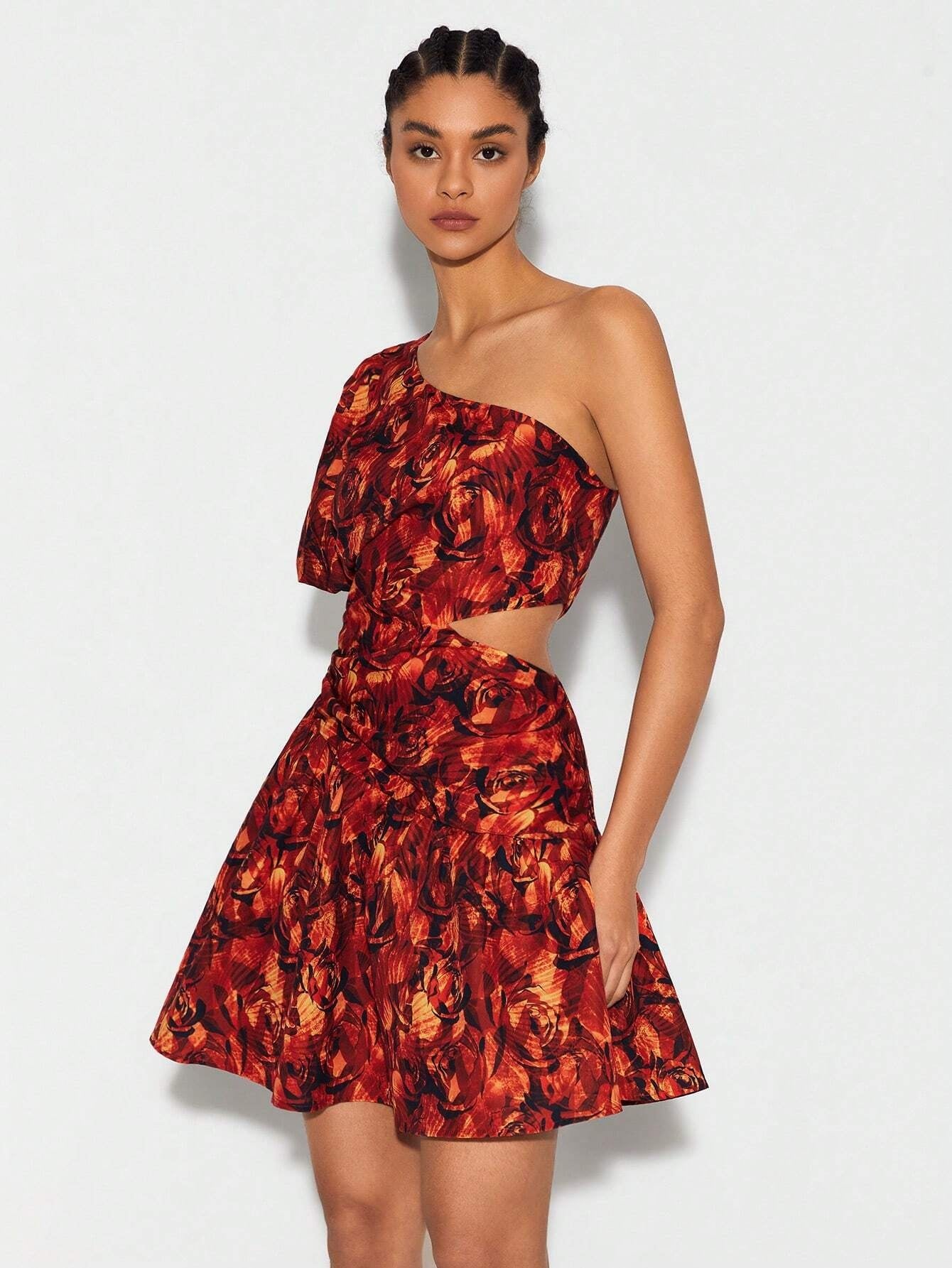 CM-DS067840 Women Seoul Style Floral Print One Shoulder Butterfly Sleeve Ruffle Hem Dress