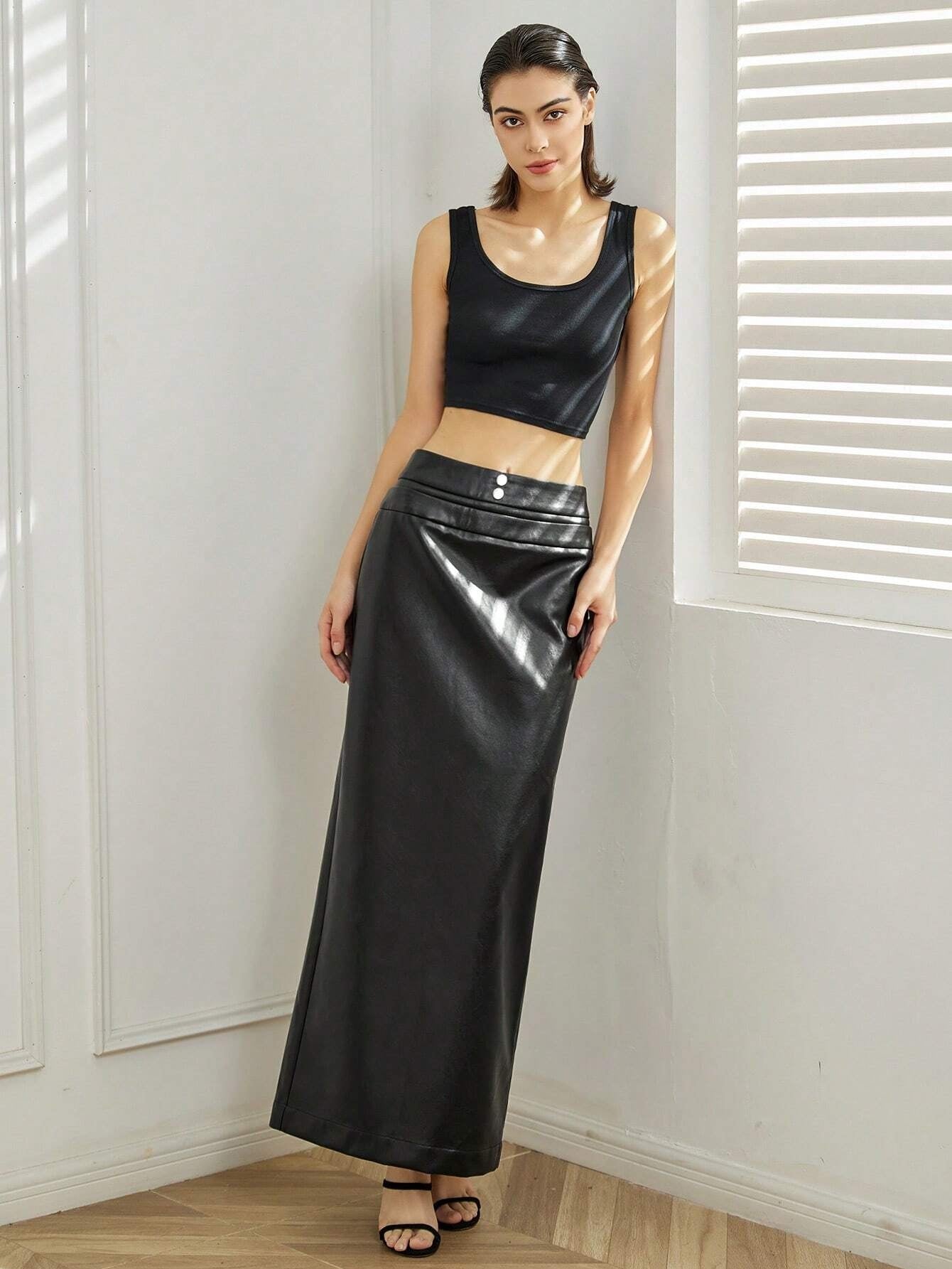 CM-BS351464 Women Casual Seoul Style PU Leather Straight Skirt - Black