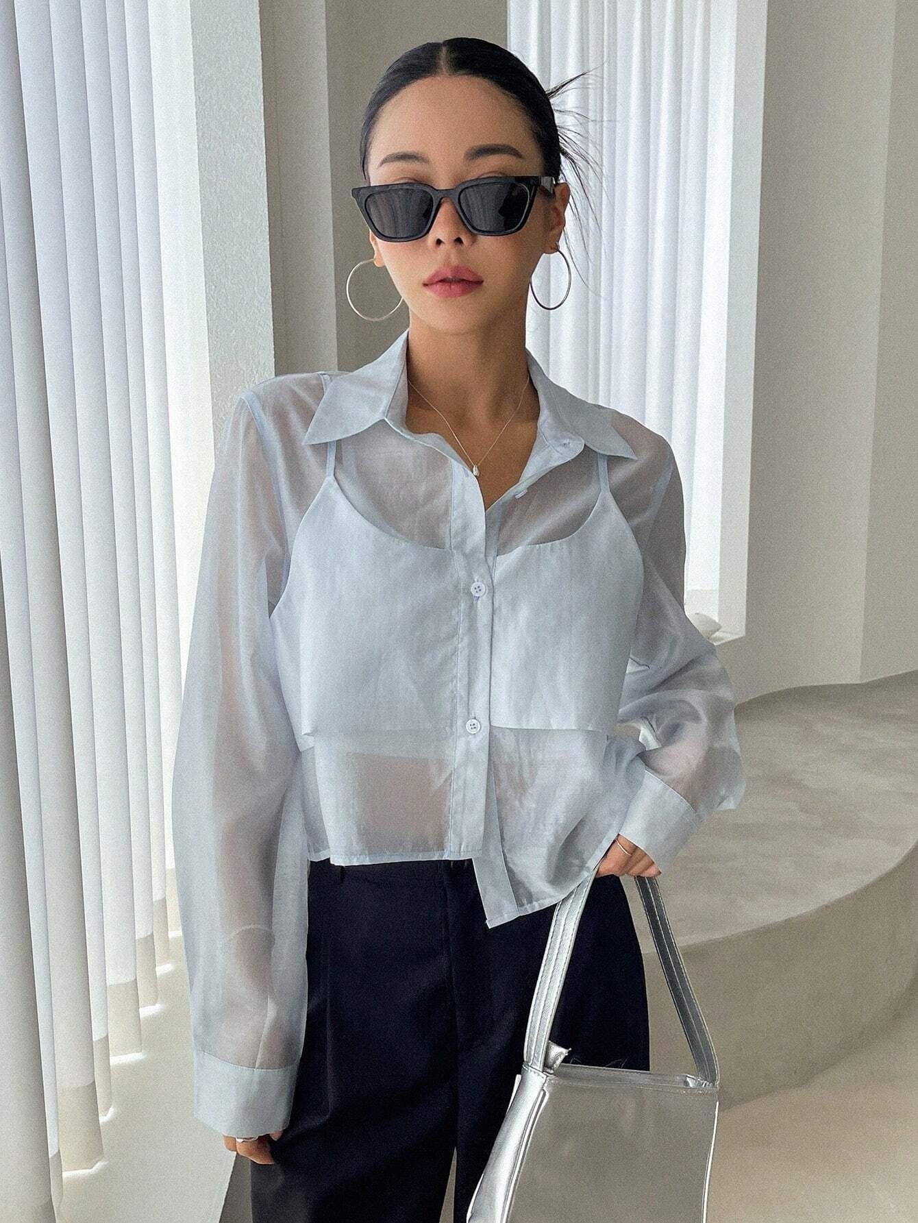 CM-TS399777 Women Casual Seoul Style Solid Button Front 2 In 1 Shirt - Baby Blue