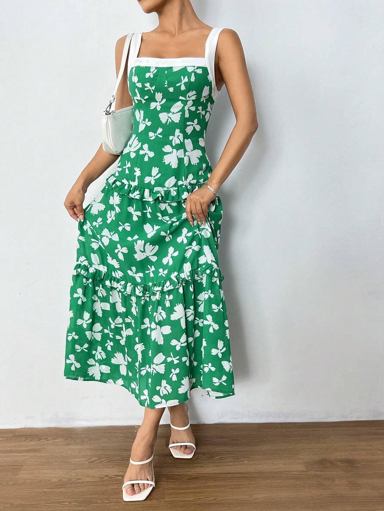 CM-DS977995 Women Casual Seoul Style Sleeveless Allover Print Ruffle Hem Dress
