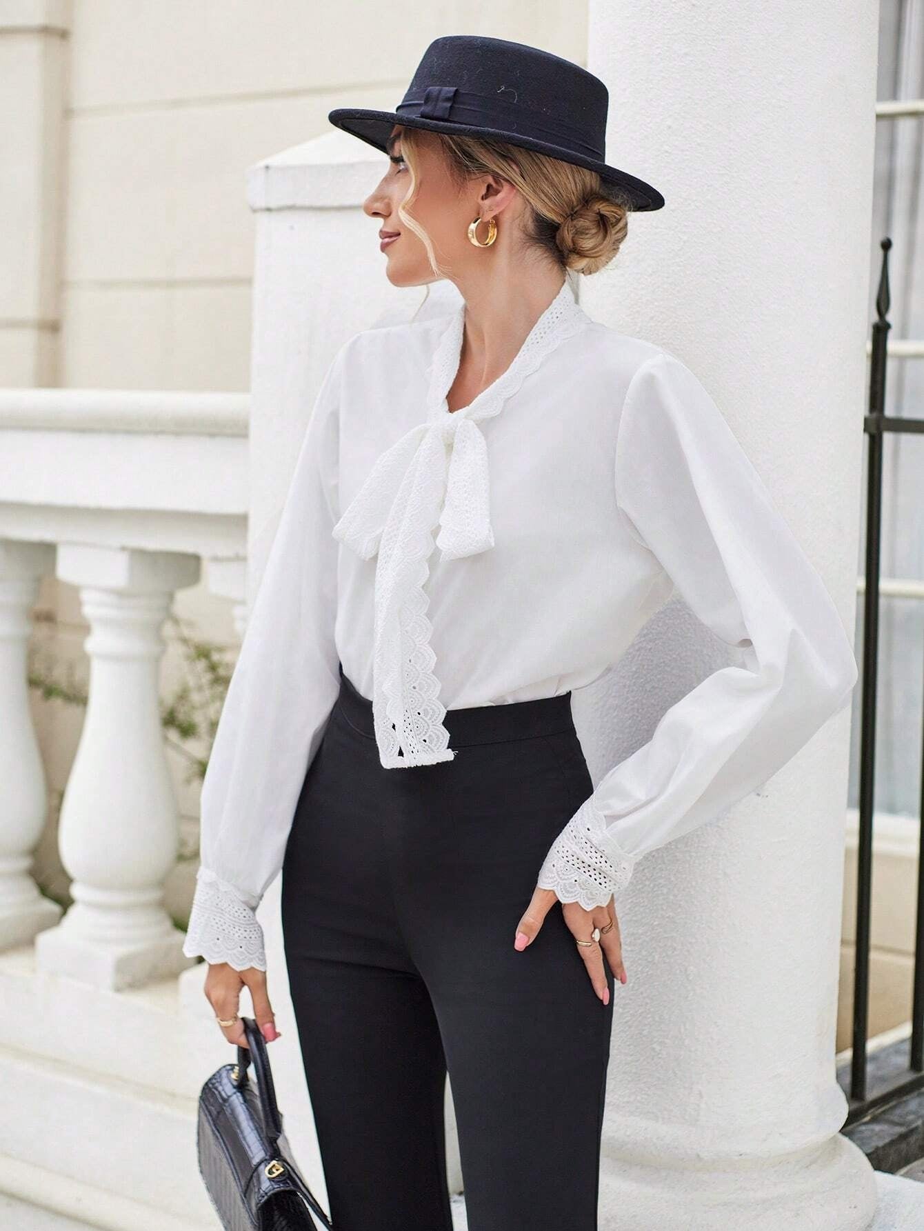 CM-TS305085 Women Elegant Seoul Style Tie Neck Lantern Sleeve Blouse - White