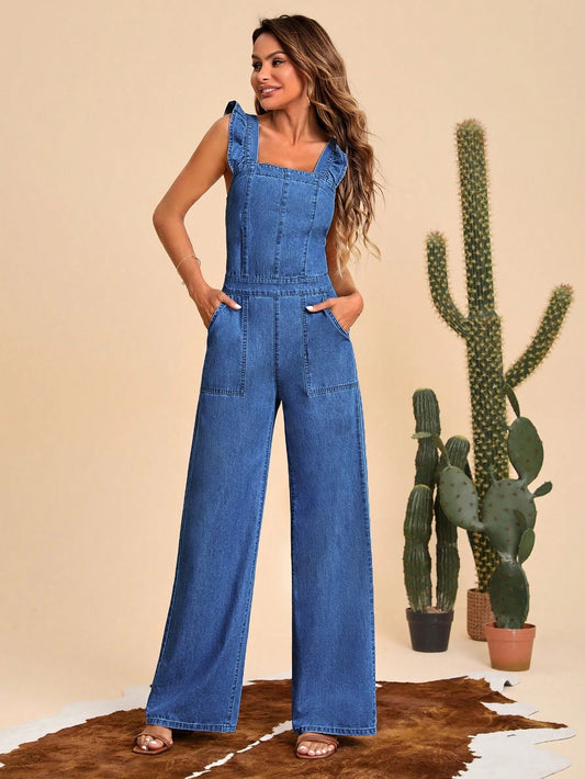 CM-JS741919 Women Preppy Seoul Style Dark Wash Ruffle Trim Wide Leg Denim Jumpsuit