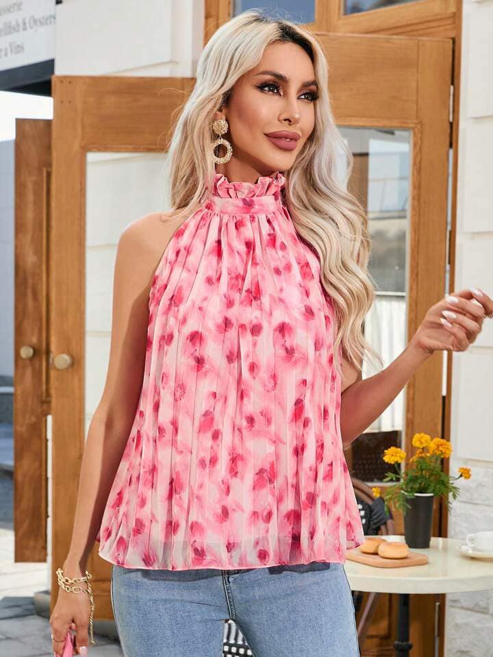 CM-TS562728 Women Casual Seoul Style Halter Neck Ruffle Trim Pleated Sleeveless Shirt - Baby Pink