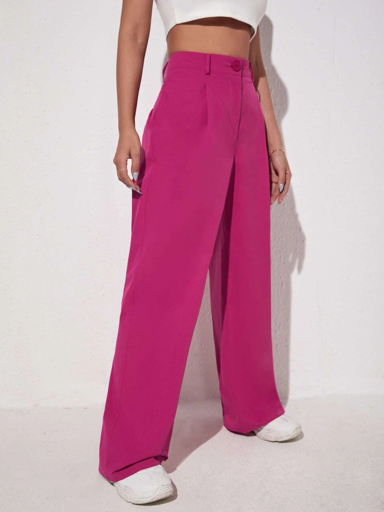 CM-BS308235 Women Elegant Seoul Style Solid Slant Pocket Wide Leg Pants - Hot Pink