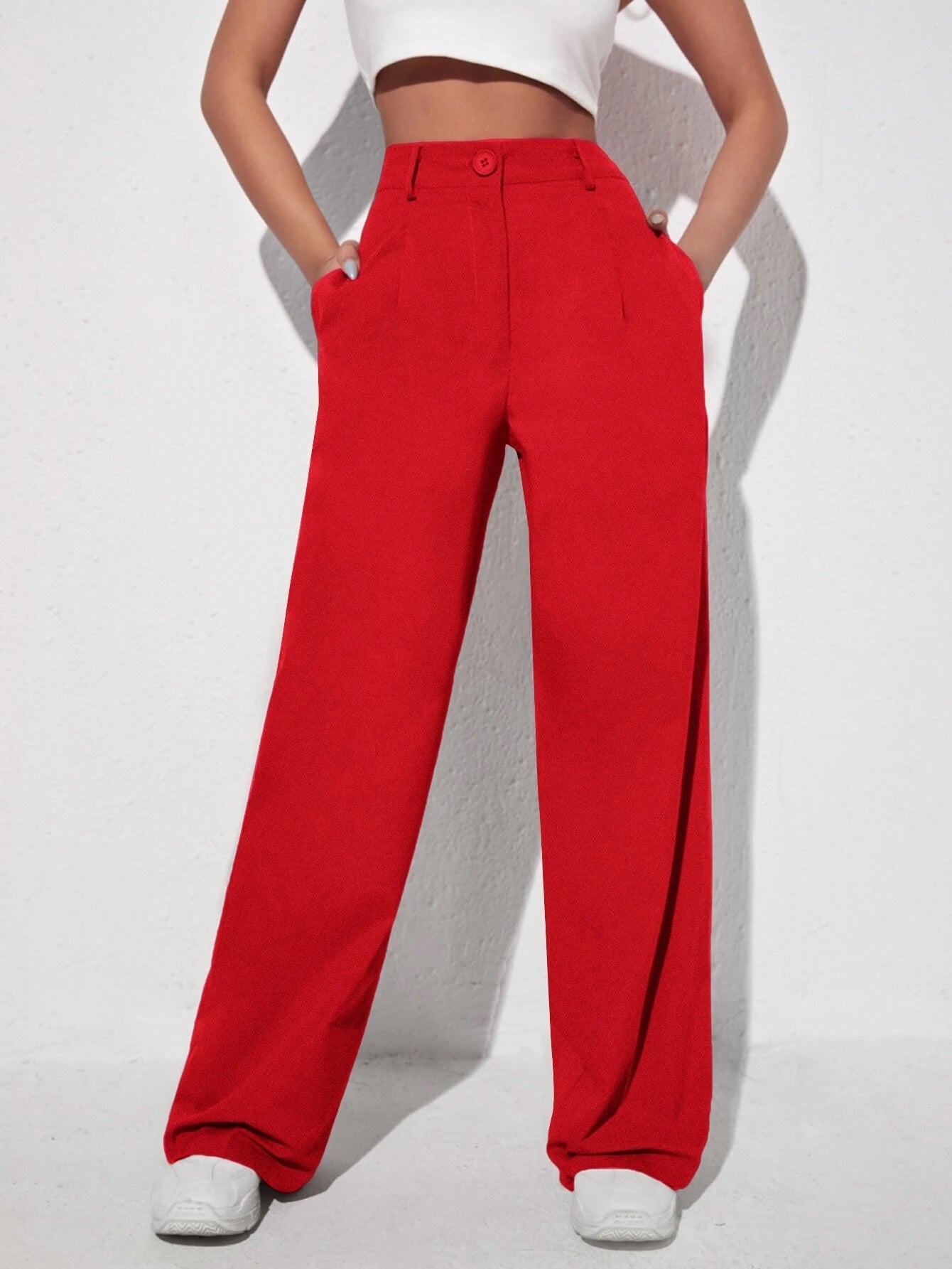 CM-BS245342 Women Elegant Seoul Style Solid Slant Pocket Wide Leg Pants - Red