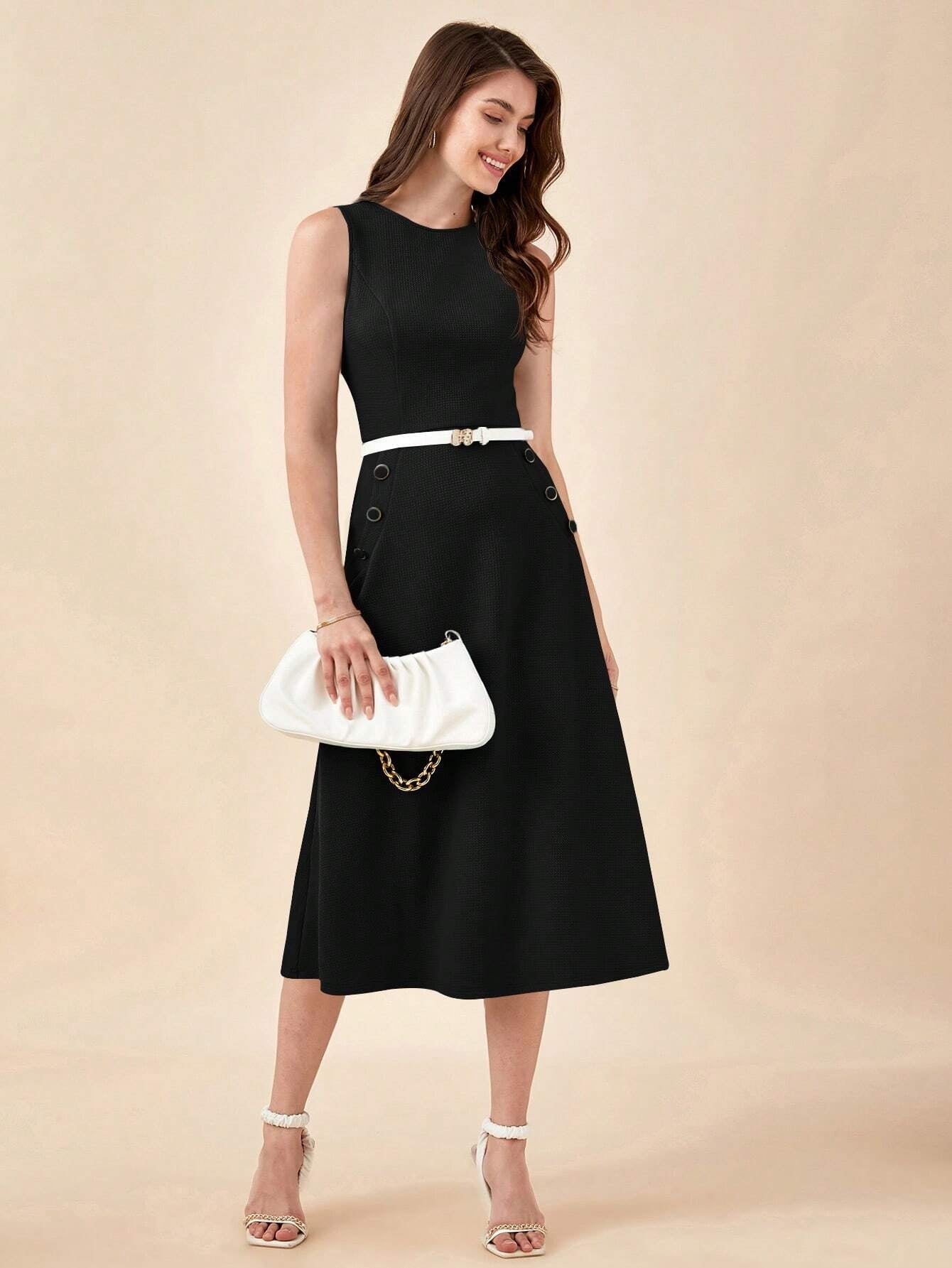 CM-DS648041 Women Elegant Seoul Style Sleeveless Solid Button Detail Dress - Black