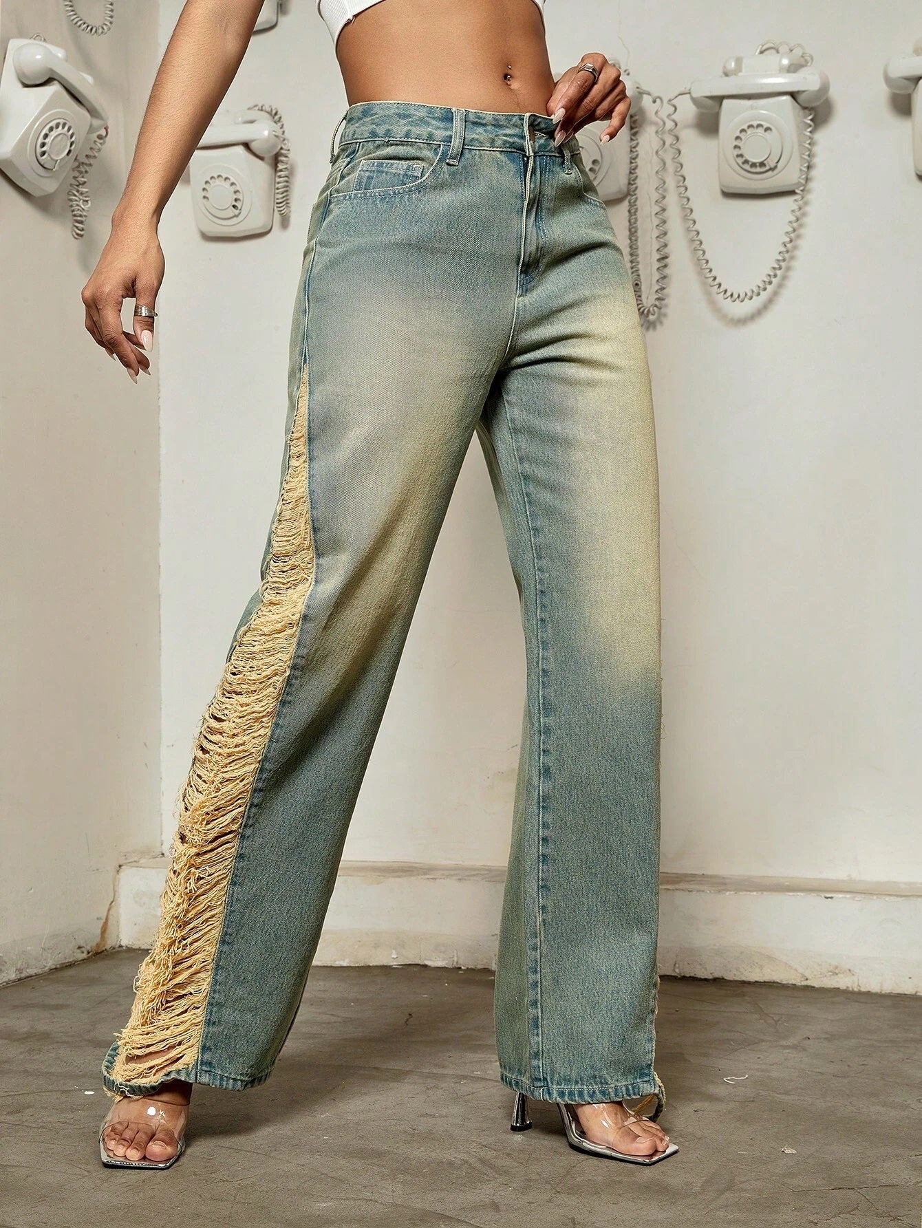 CM-BS143121 Women Preppy Seoul Style Light Wash High Waist Ripped Jeans