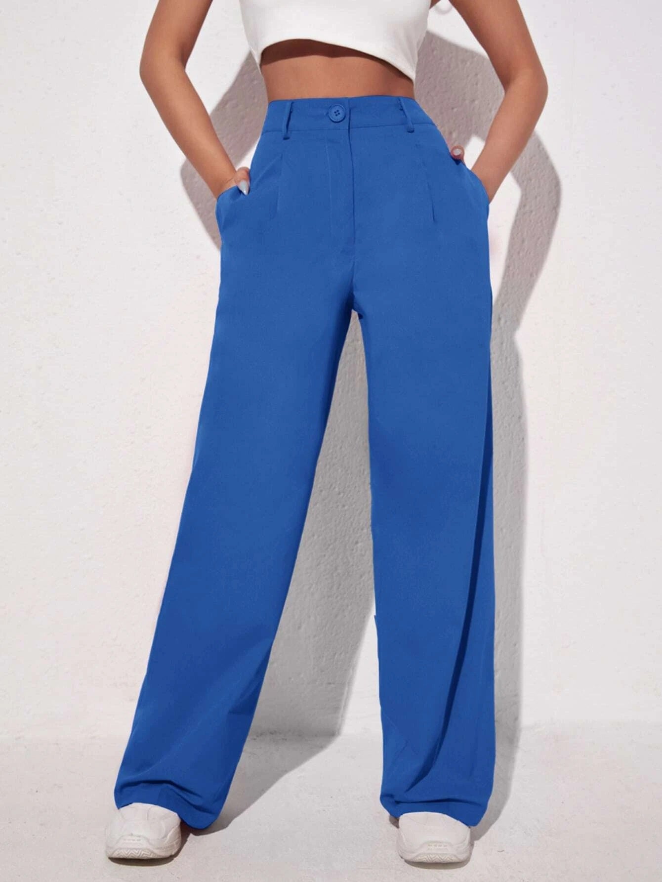 CM-BS130101 Women Elegant Seoul Style Solid Slant Pocket Wide Leg Pants - Blue