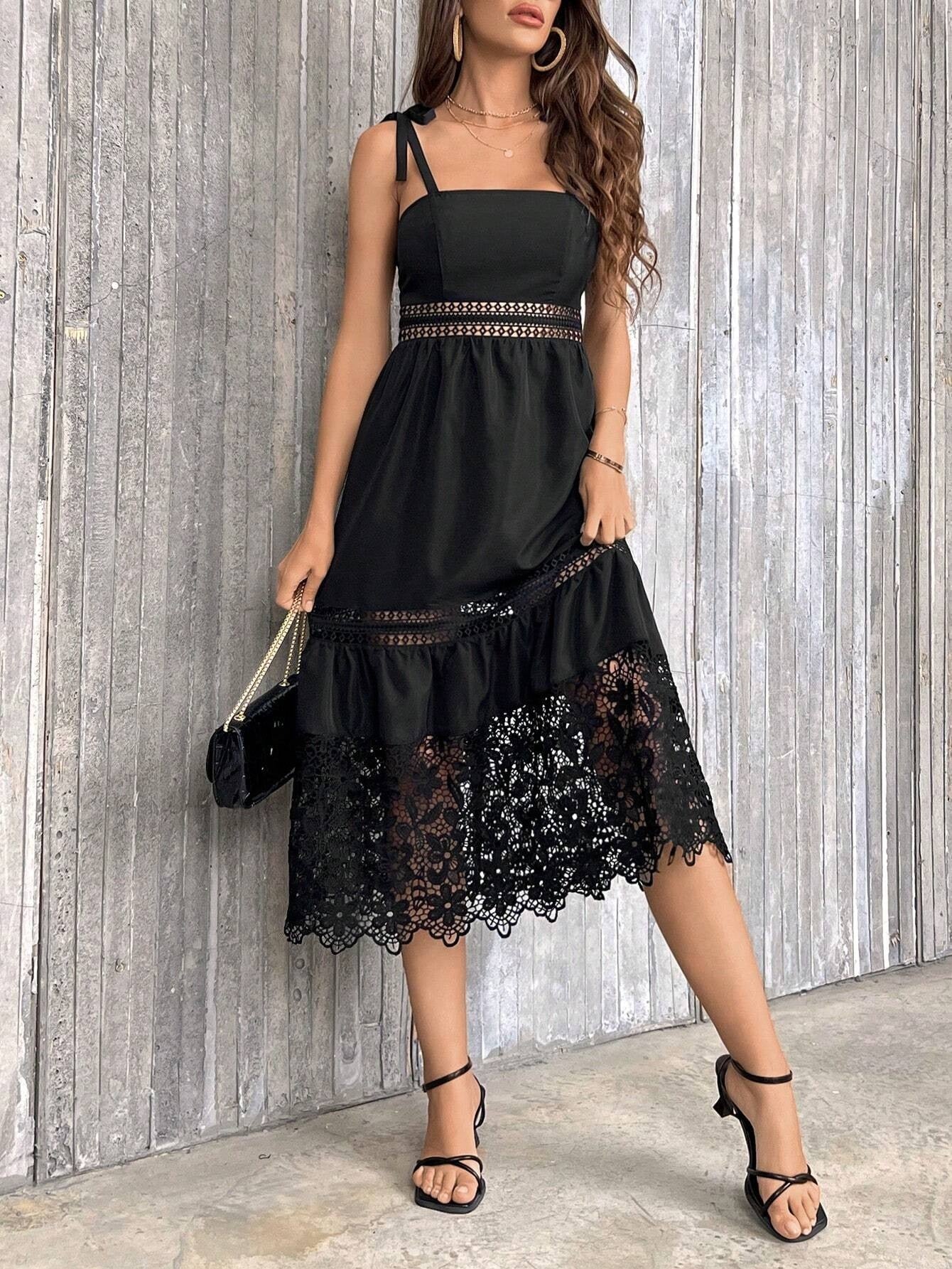 CM-DS276337 Women Trendy Bohemian Style Guipure Lace Insert Tie Shoulder Ruffle Hem Cami Dress
