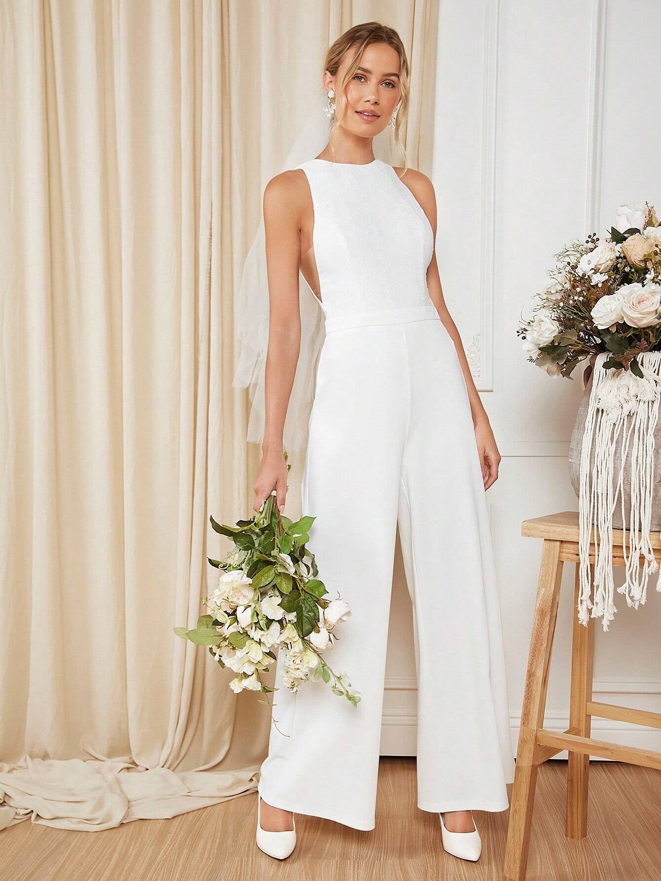 CM-JS889597 Women Elegant Seoul Style Round Neck Sleeveless Solid Wide Leg Jumpsuit - White