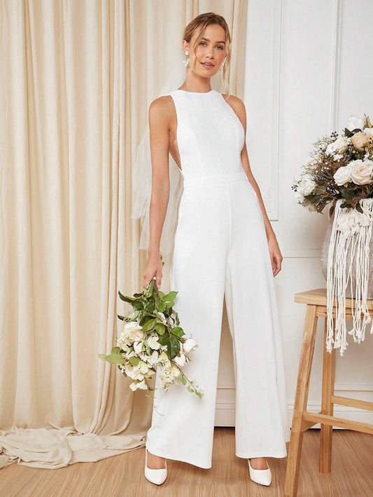 CM-JS889597 Women Elegant Seoul Style Round Neck Sleeveless Solid Wide Leg Jumpsuit - White