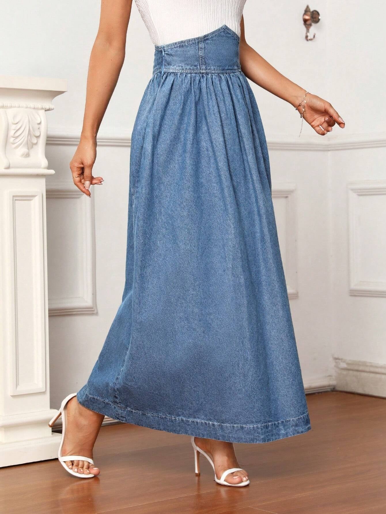 CM-BS584335 Women Casual Seoul Style Medium Wash High Waist Split Thigh Denim Skirt