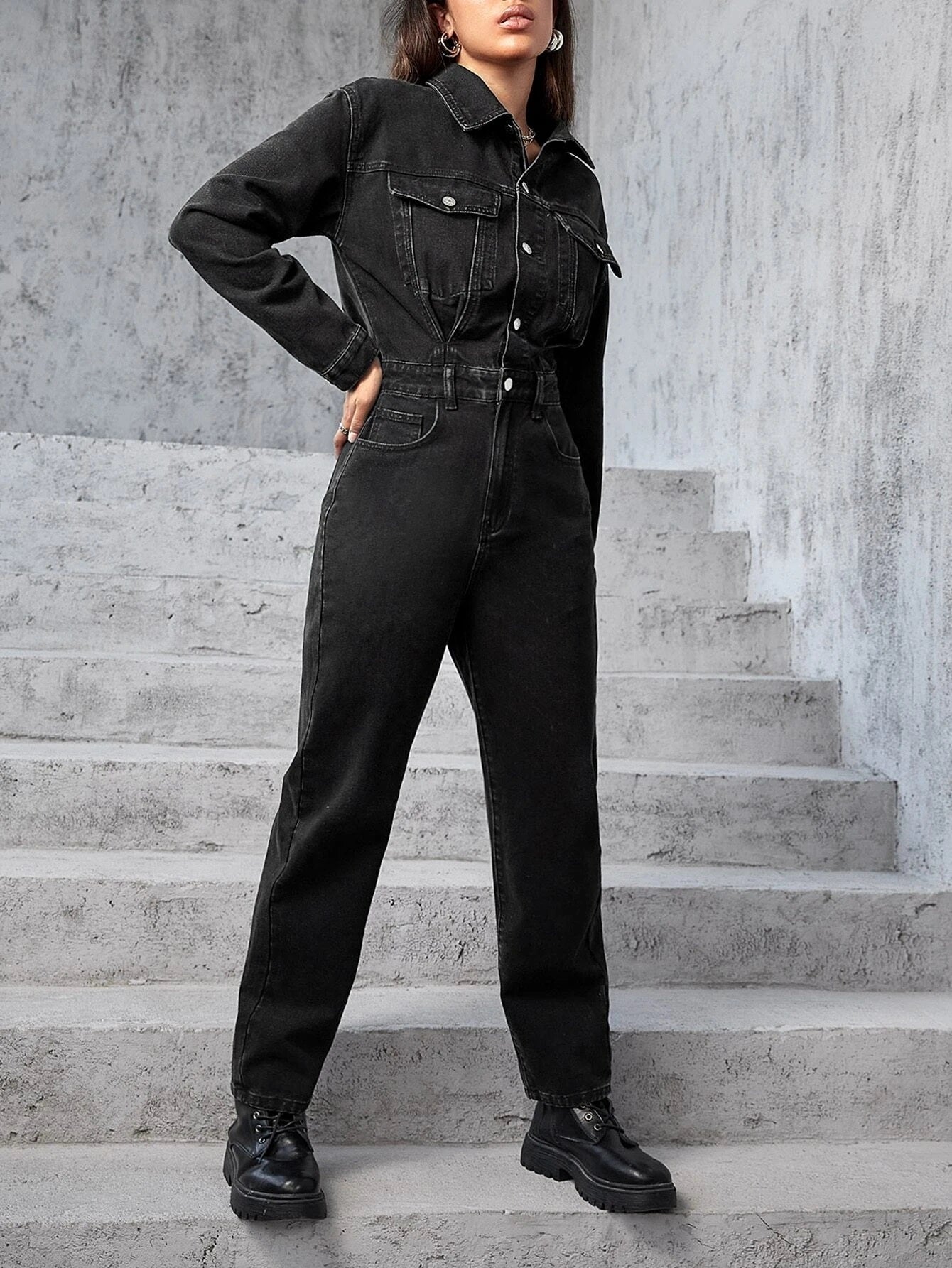 CM-JS071677 Women Casual Seoul Style Flap Pocket Button Front Denim Jumpsuit - Black