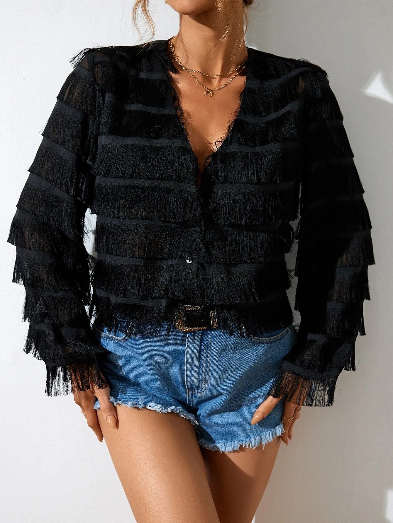 CM-TS384825 Women Elegant Seoul Style Fringe Trim Button Front Crop Blouse - Black