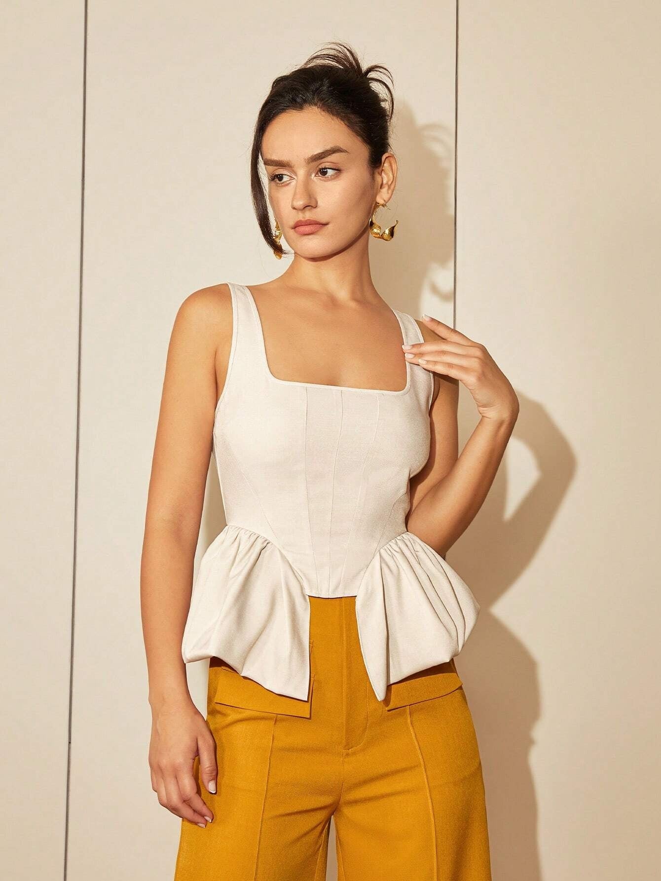 CM-TS657161 Women Casual Seoul Style Square Neck Asymmetrical Hem Top - Beige