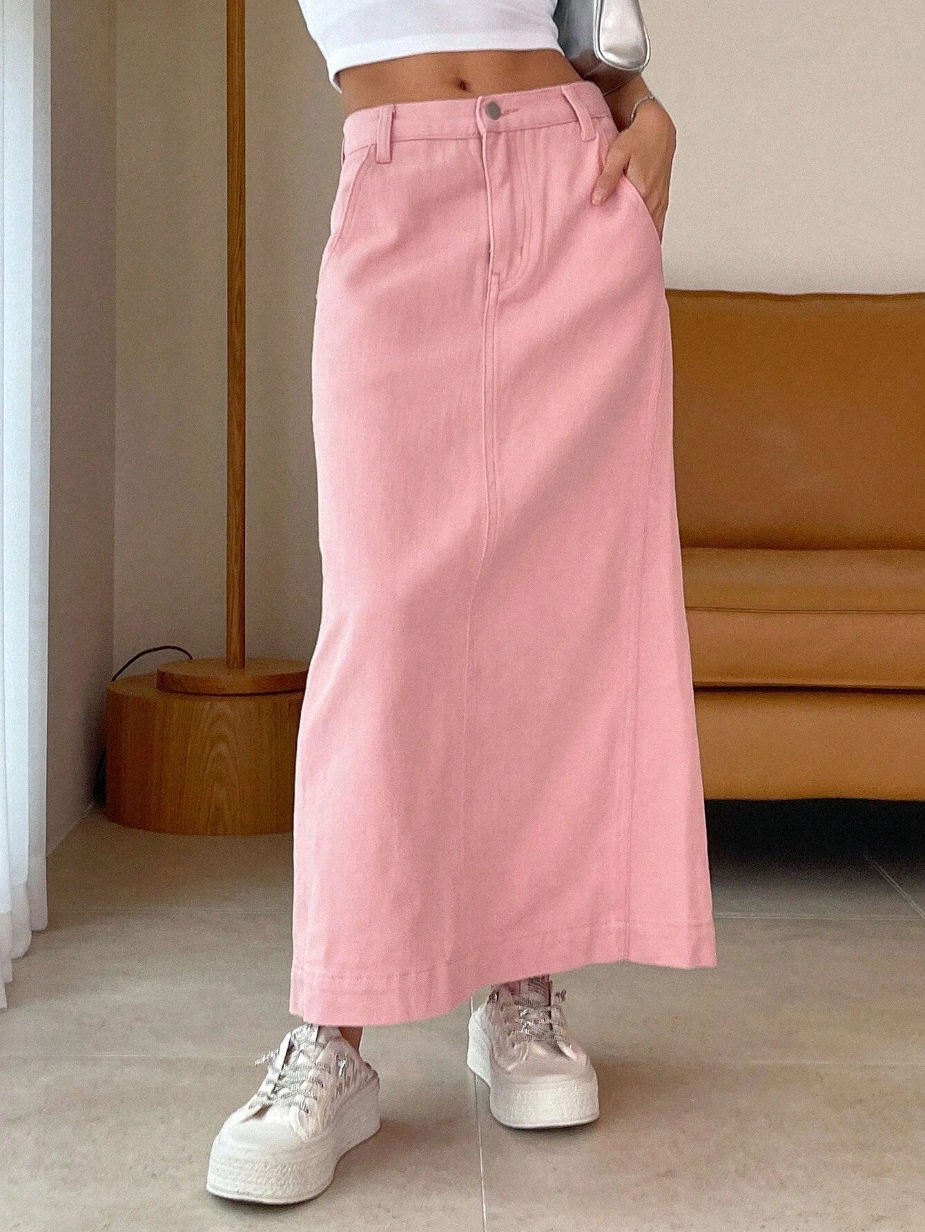 CM-BS381876 Women Casual Seoul Style Solid Split Back Denim Skirt - Pink