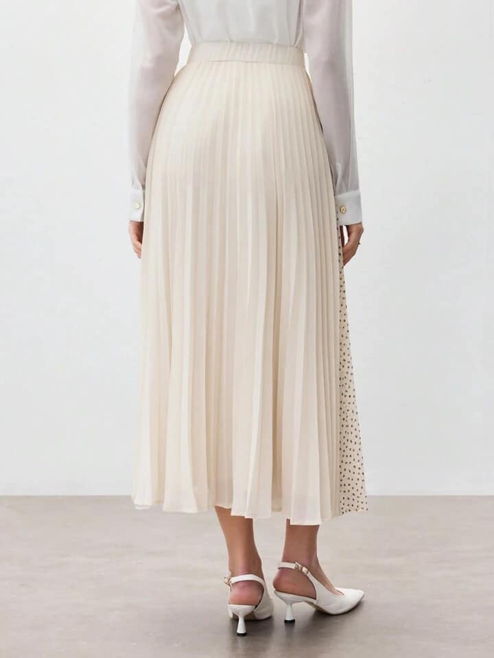 CM-BS861694 Women Elegant Seoul Style High Waist Patchwork Pleated Midi Skirt - Apricot