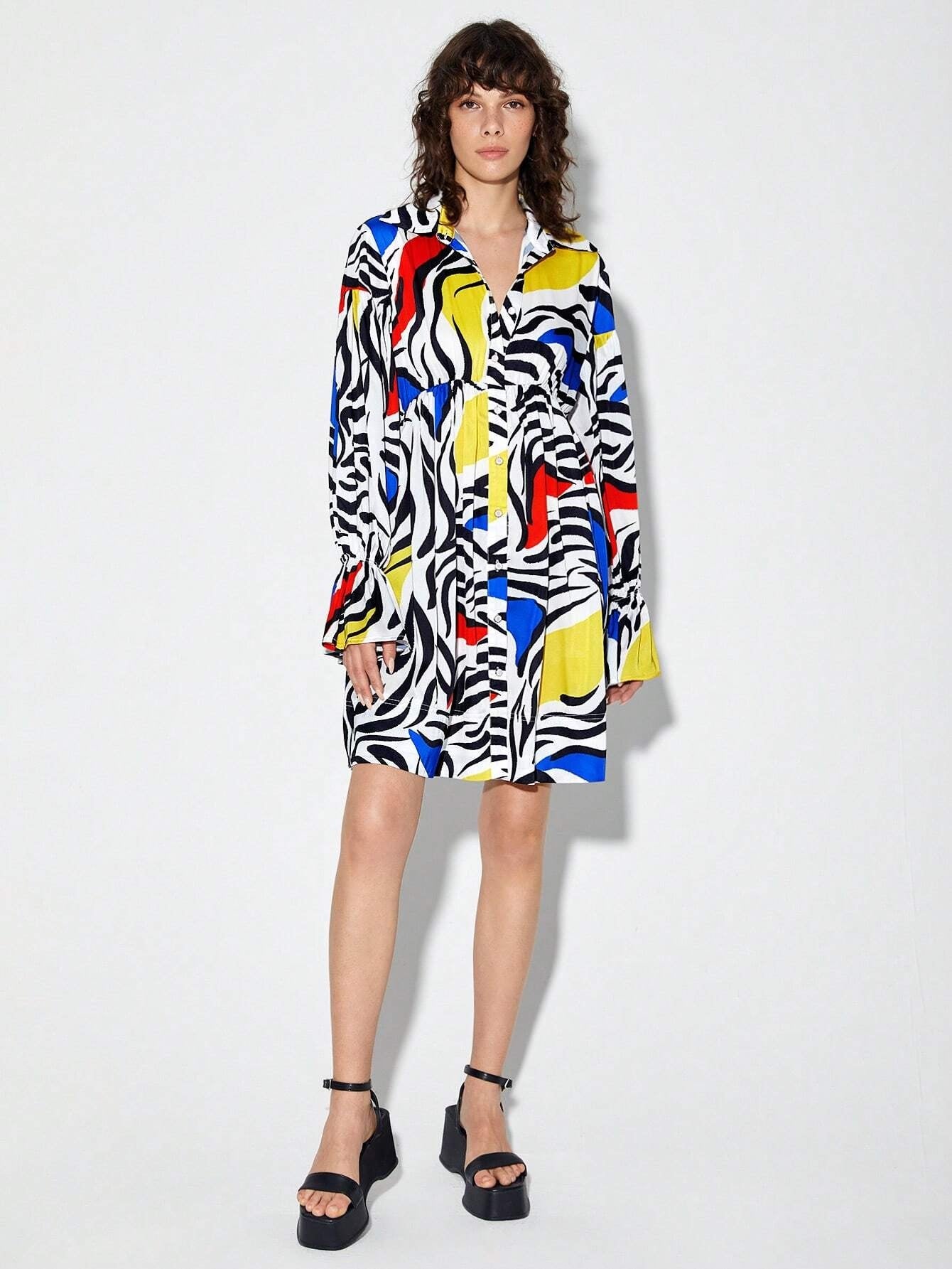 CM-DS929056 Women Casual Seoul Style Allover Print Flounce Sleeve Shirt Dress
