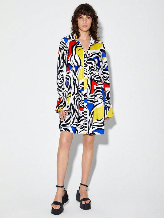 CM-DS929056 Women Casual Seoul Style Allover Print Flounce Sleeve Shirt Dress