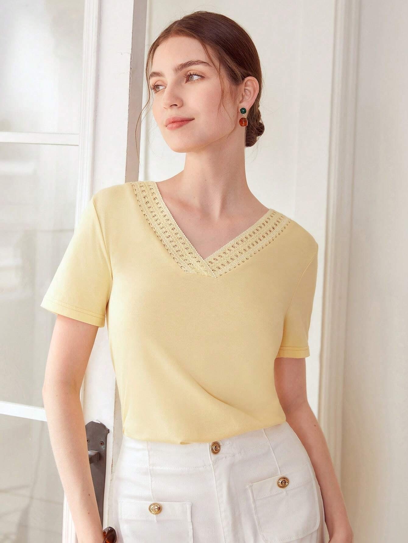 CM-TS685628 Women Casual Seoul Style Lace V-Neck Short Sleeve T-Shirt - Yellow
