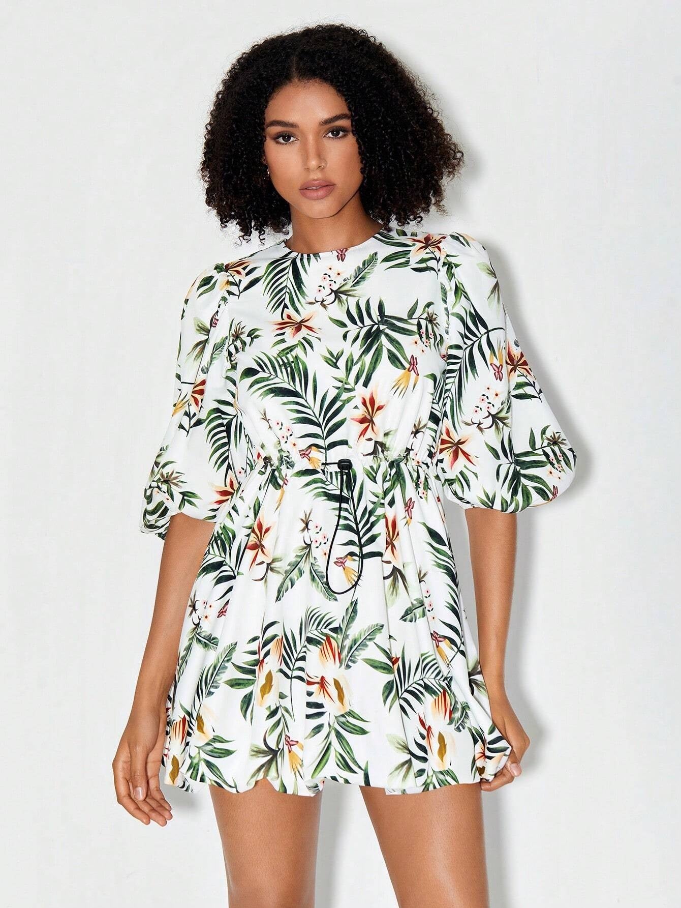 CM-DS220570 Women Trendy Bohemian Style Tropical Print Puff Sleeve Drawstring Waist Dress