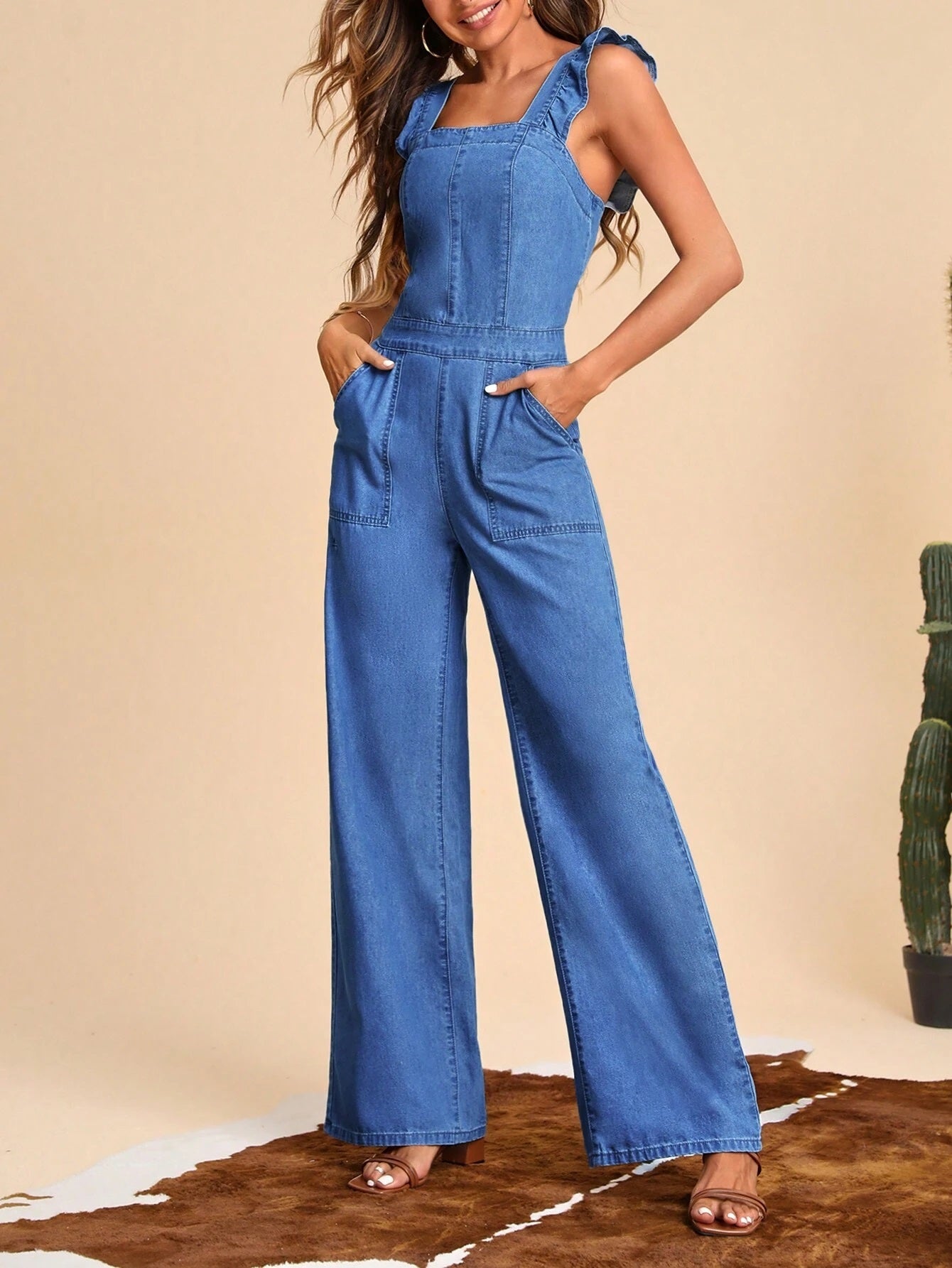 CM-JS286070 Women Preppy Seoul Style Medium Wash Ruffle Trim Wide Leg Denim Jumpsuit