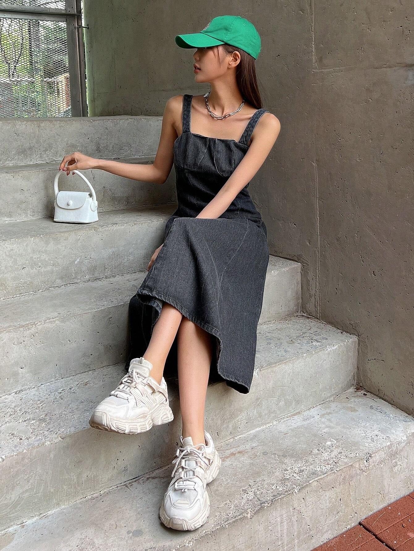 CM-DS195132 Women Casual Seoul Style Solid Zip Back Cami Denim Dress - Dark Gray