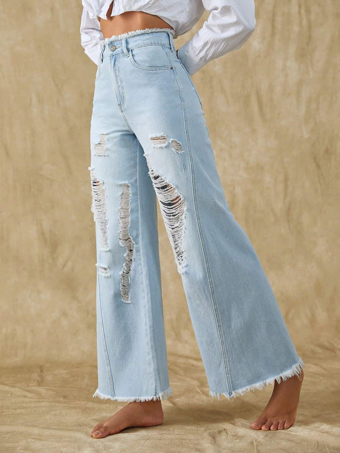 CM-BS716173 Women Casual Seoul Style Light Wash Ripped Raw Hem Wide Leg Jeans