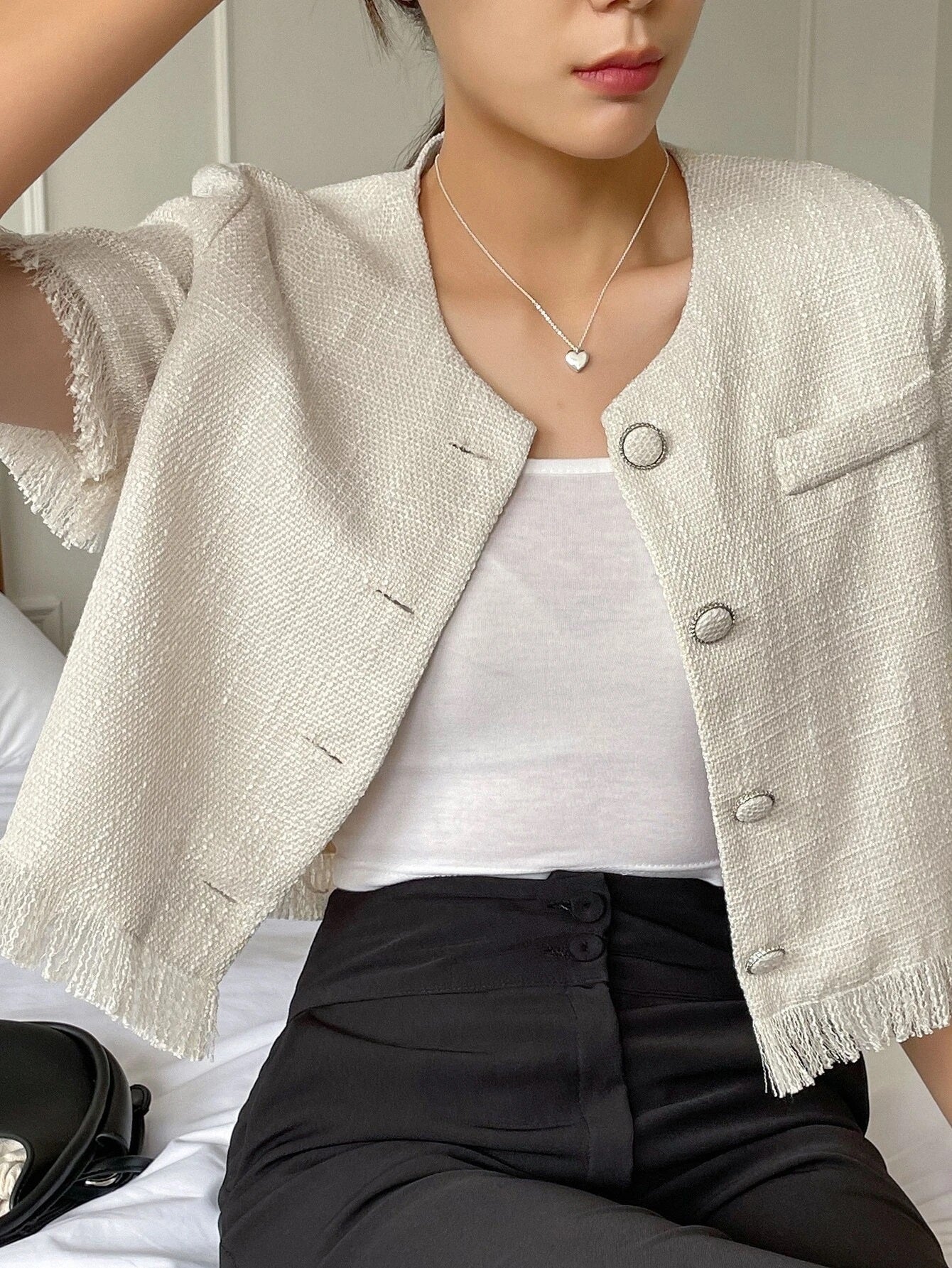 CM-TS168400 Women Casual Seoul Style Solid Button Front Raw Hem Crop Blouse - Apricot