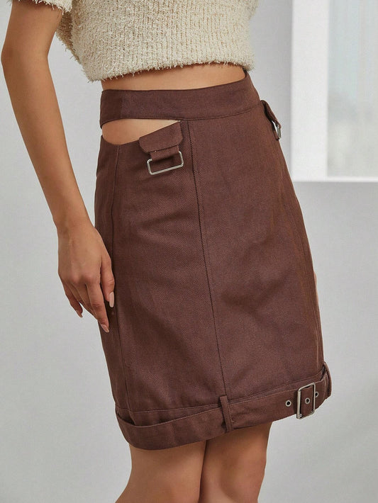 CM-BS164864 Women Casual Seoul Style Cut Out Buckle Detail Straight Skirt - Coffee Brown
