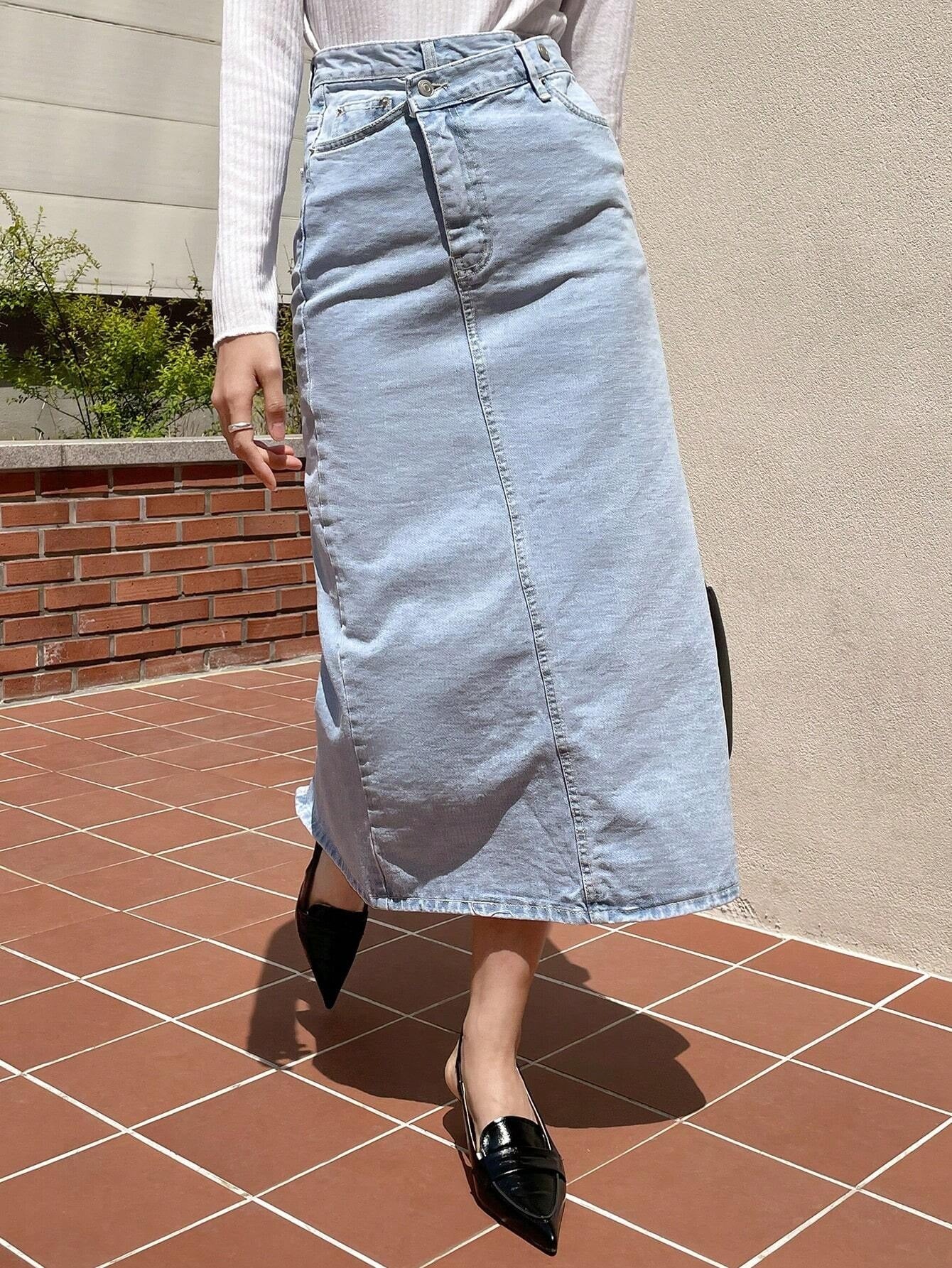CM-BS325510 Women Casual Seoul Style Light Wash High Waist Split Back Denim Skirt